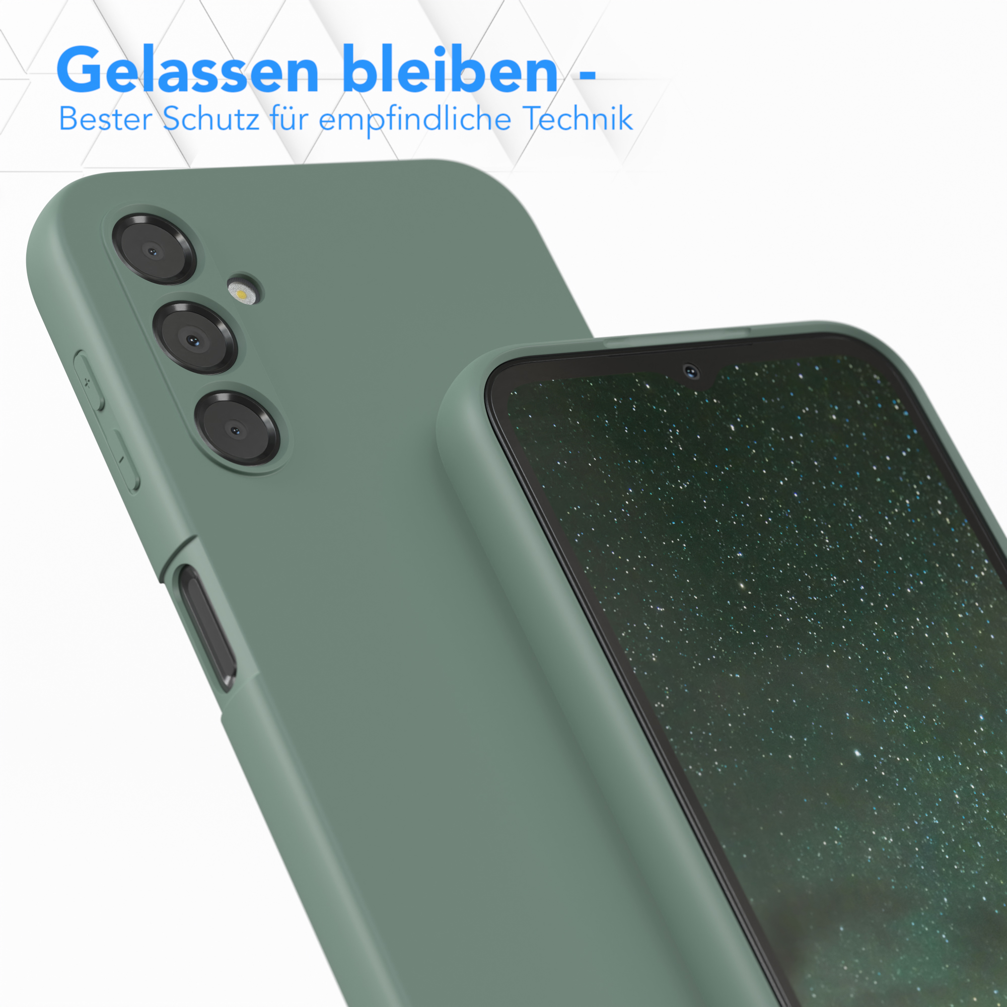 Grüne Handyhülle neben einem Handy mit mehreren Kameras. Die Hülle hat ein glattes Finish.