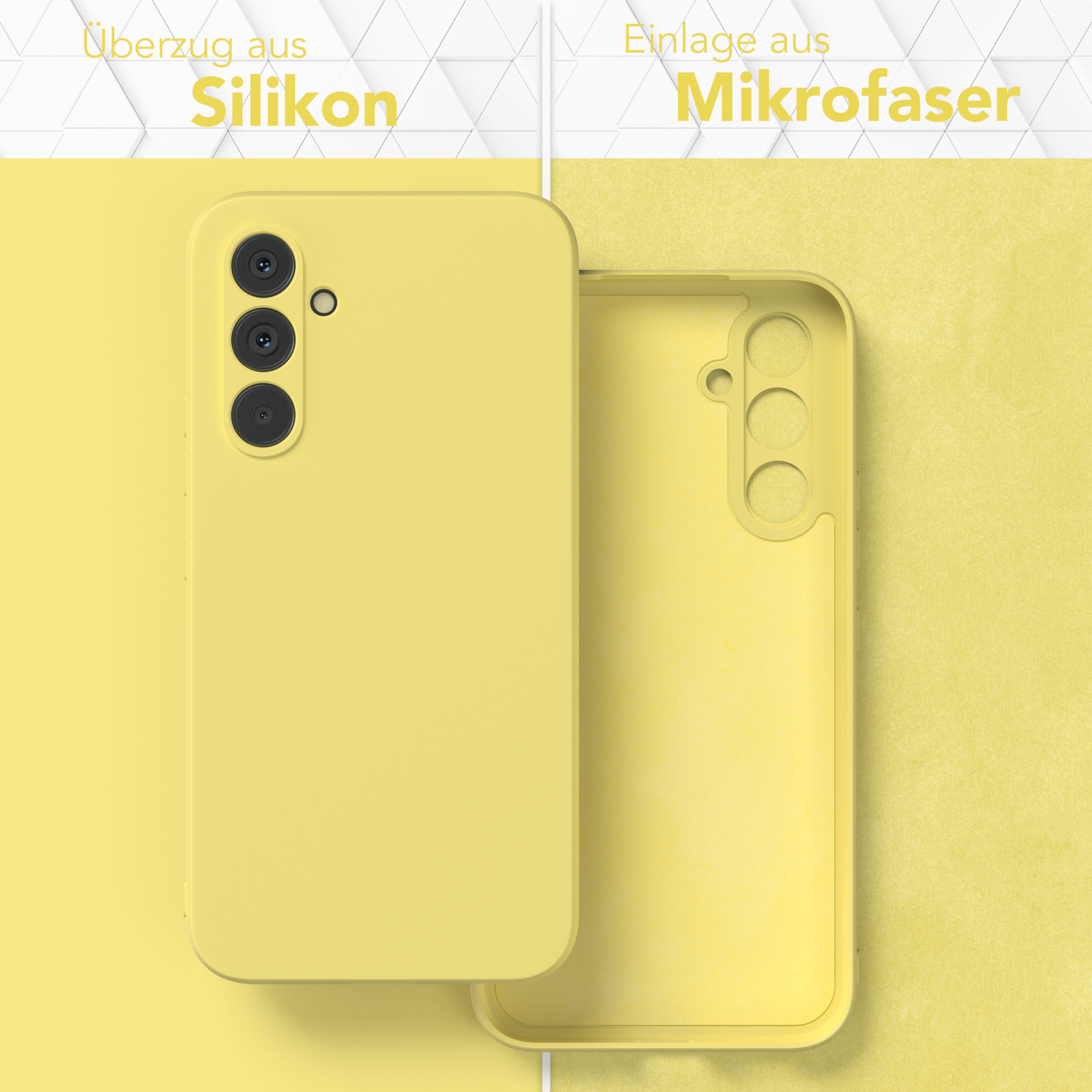 Eine gelbe Handyhülle mit einem Telefon darin. Die Hülle ist offen, mit einem Mikrofaser-Innenraum.