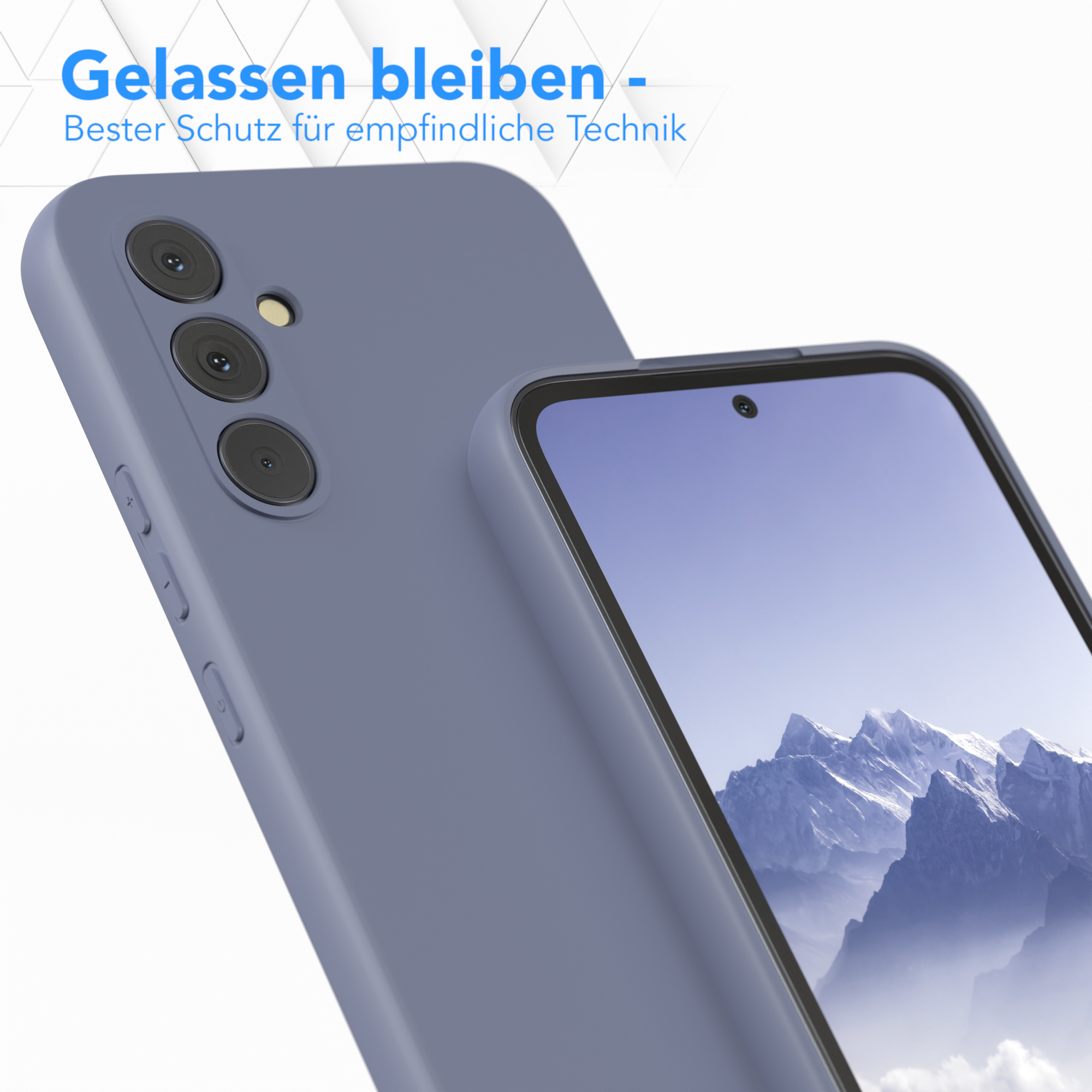 Zwei dunkelblaue Handyhüllen. Eine bedeckt ein Telefon, die andere ist separat. Text: 'Entspannt bleiben'.