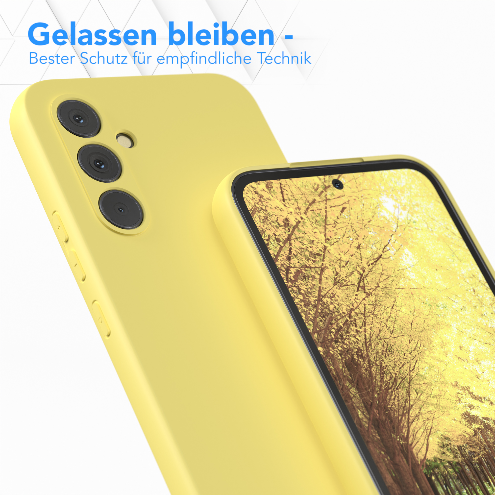 Gelbe Handyhülle auf weißem Hintergrund. Ein Telefonbildschirm ist sichtbar.