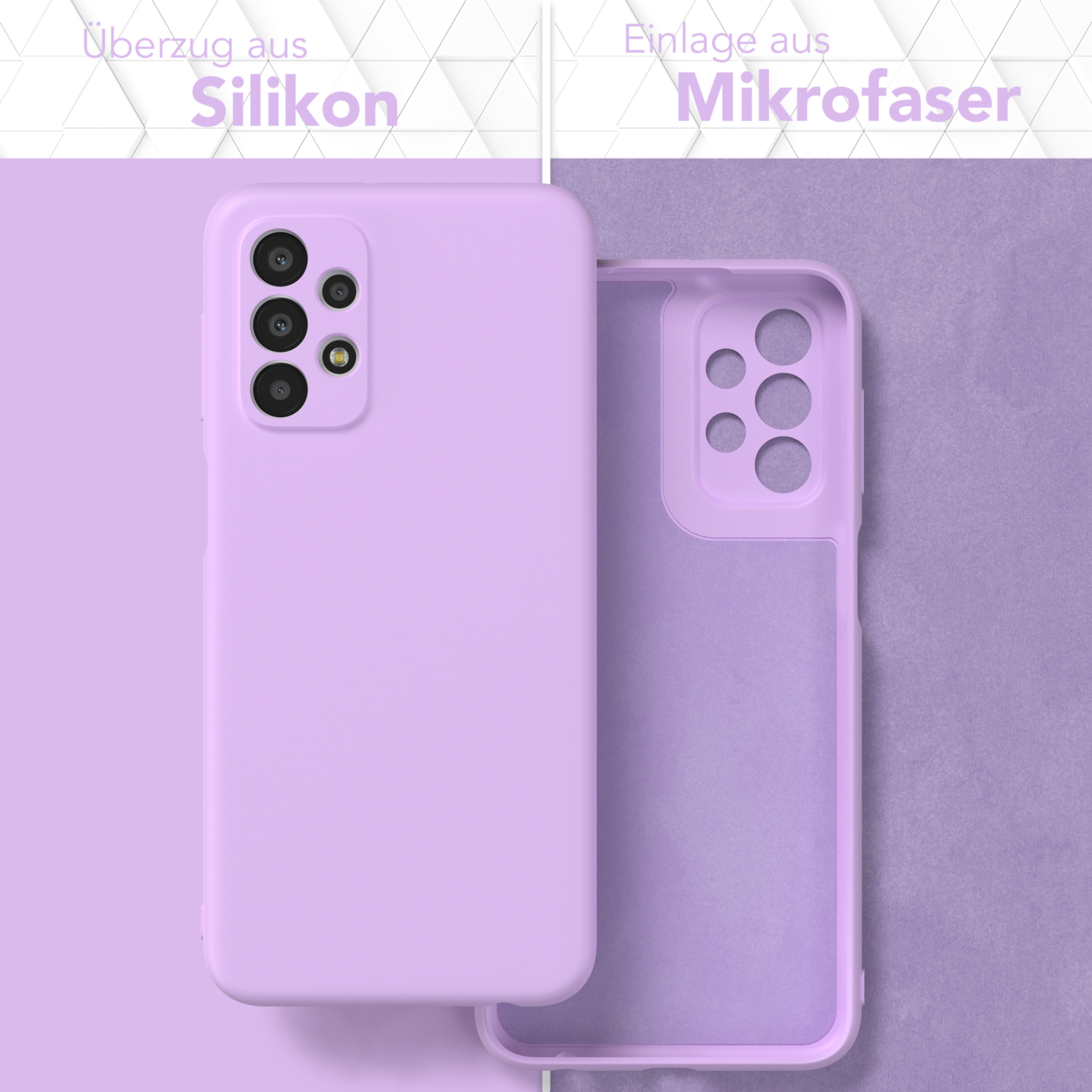 Lila Handyhülle mit einem Telefon darin. Text sagt: