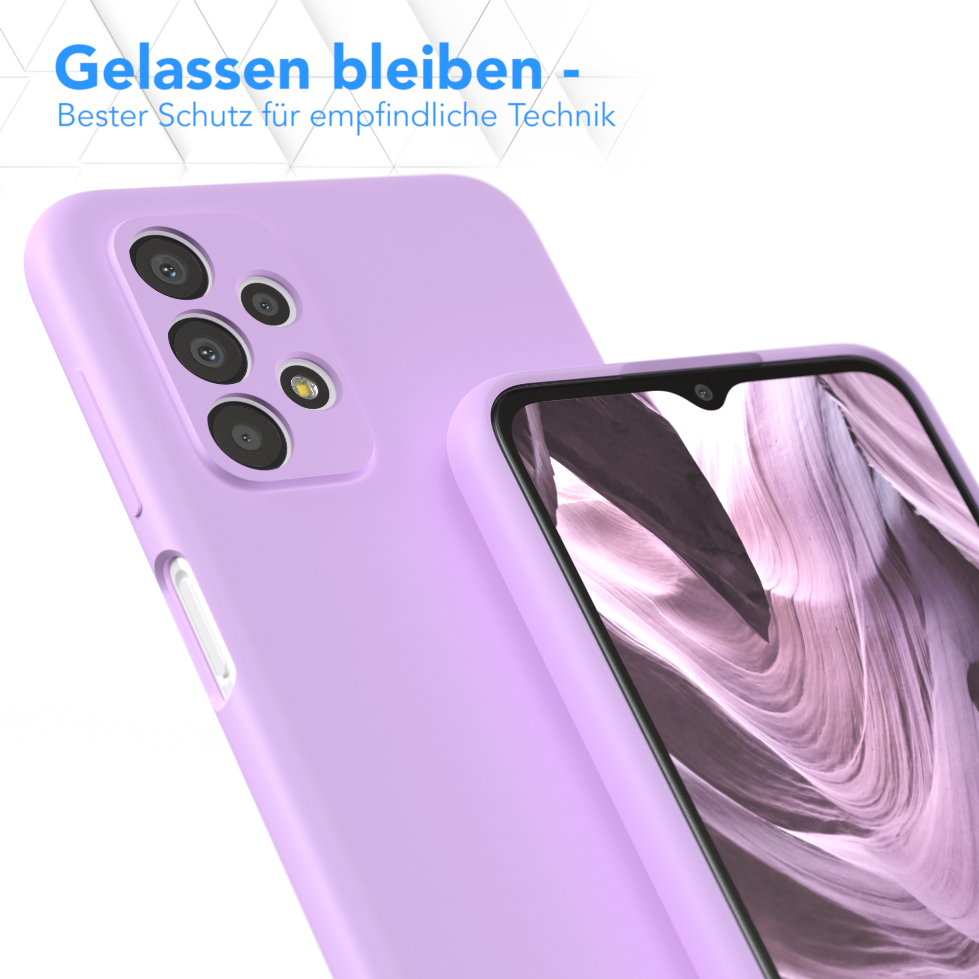 Zwei lila Handyhüllen, eine bedeckt ein Telefon, die andere ist teilweise sichtbar.