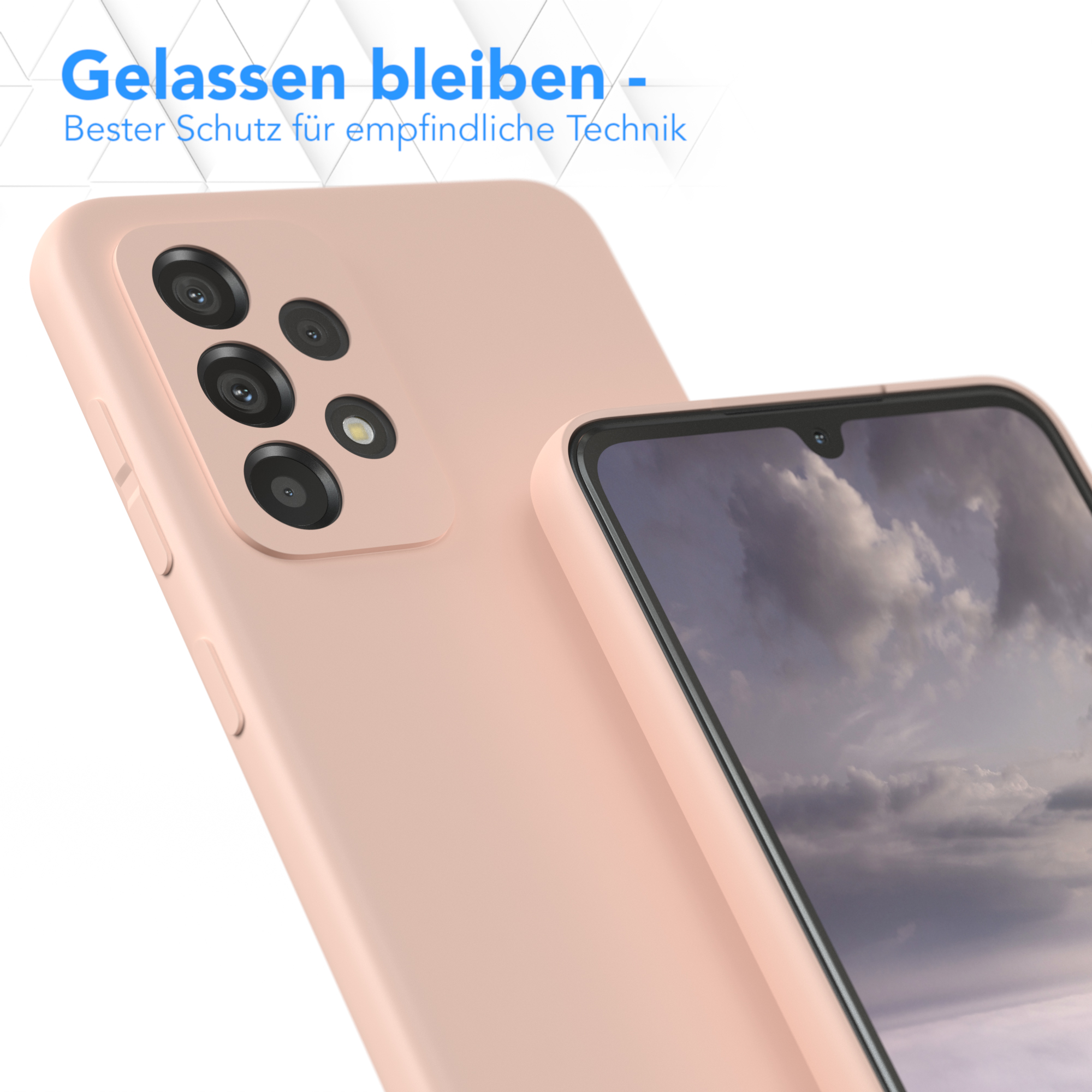 Eine pinkfarbene Handyhülle mit einem Telefon darin. Der Hintergrund ist unscharf.