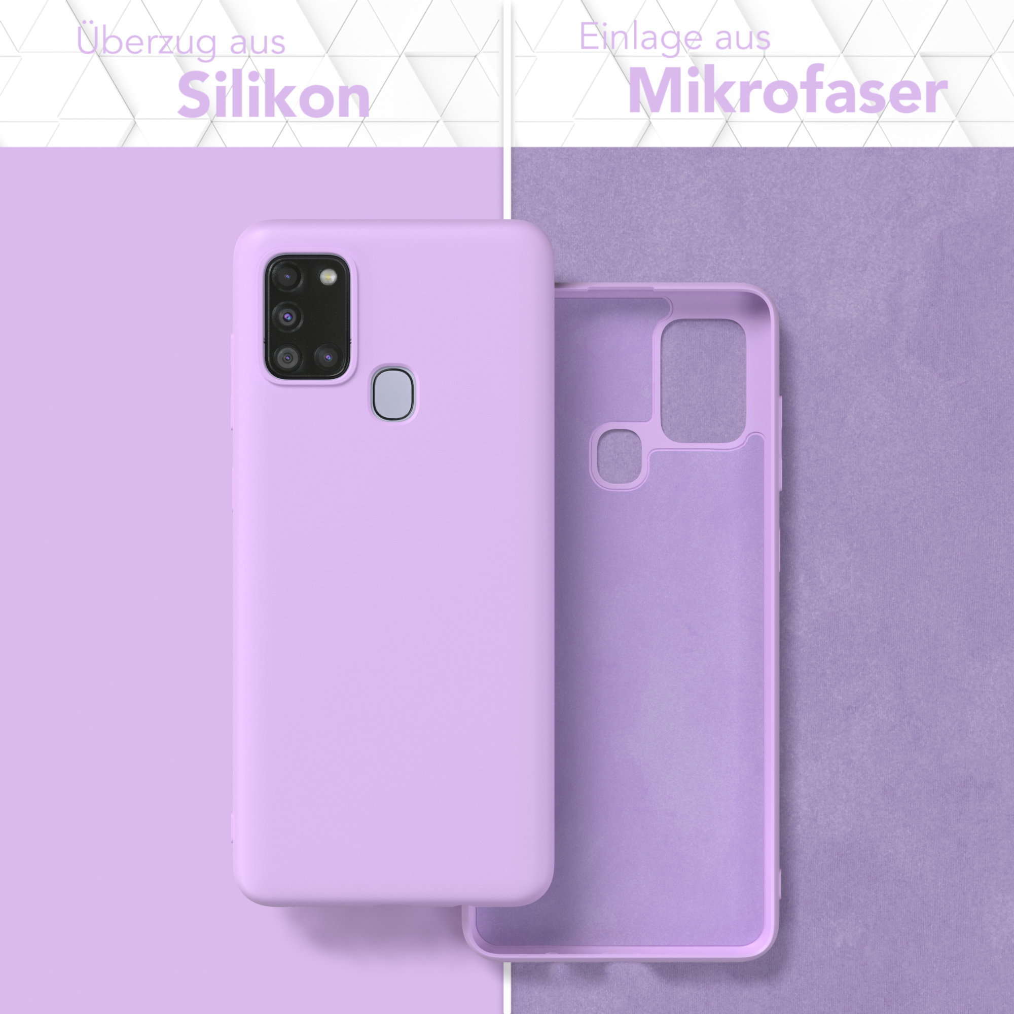 Zwei Handyhüllen. Eine ist lila, die andere ist die Innenseite der Hülle mit Mikrofaser.