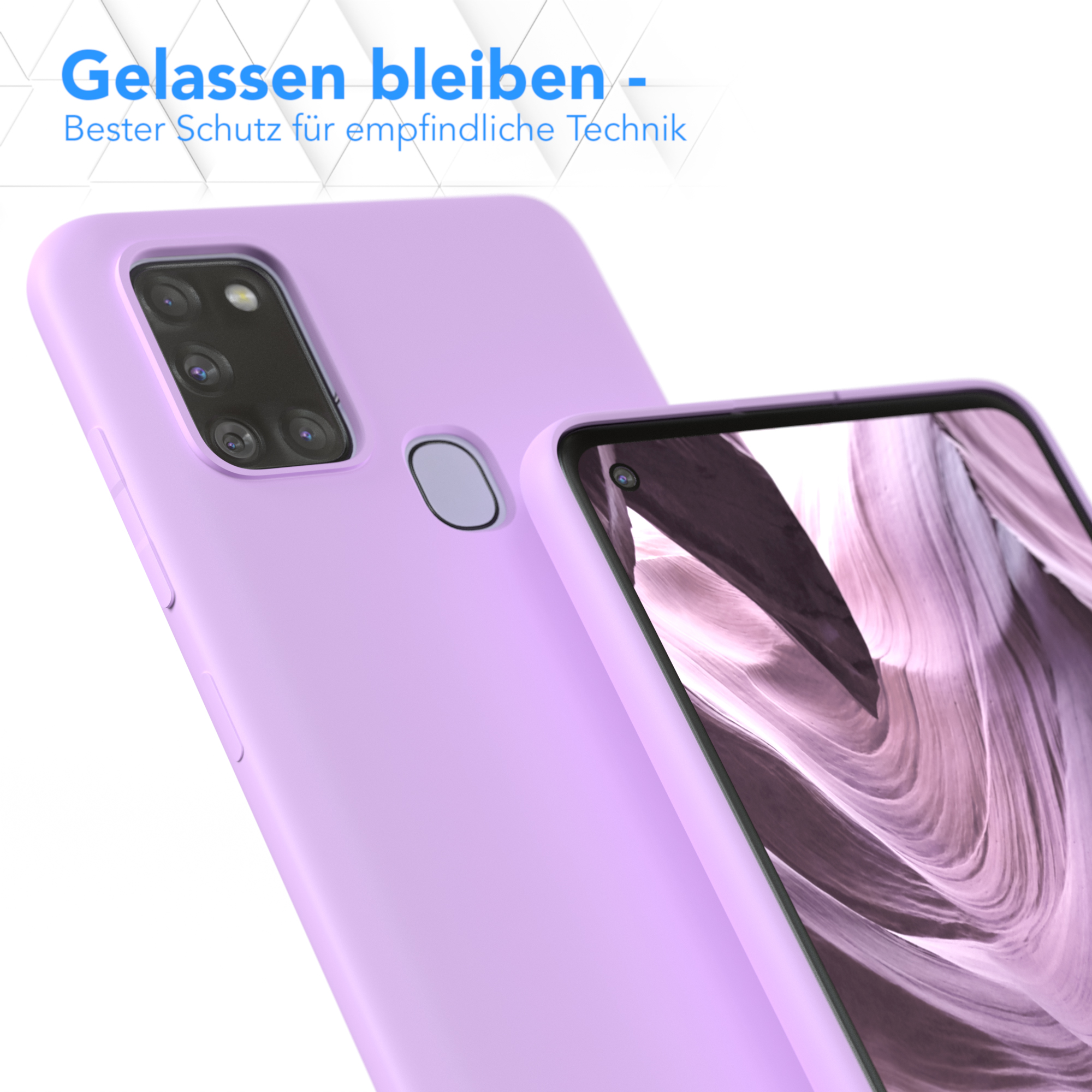 Eine lila Handyhülle und ein Handy mit einem Bildschirm, der eine verschwommene Landschaft zeigt.