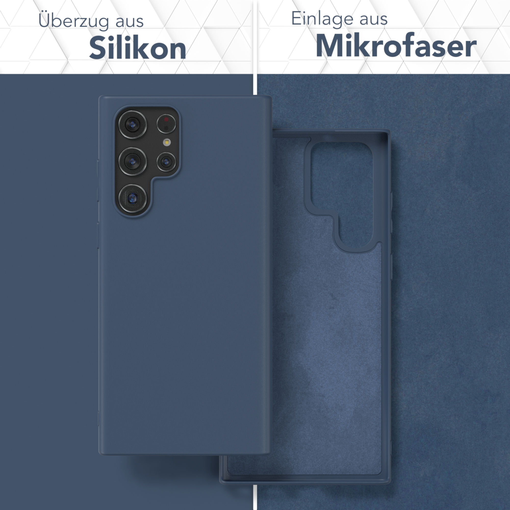 Zweiteilige Handyhülle: blaue Silikonaußenseite und Mikrofaserinnenseite, mit Text, der Silikon und Mikrofaser beschreibt.