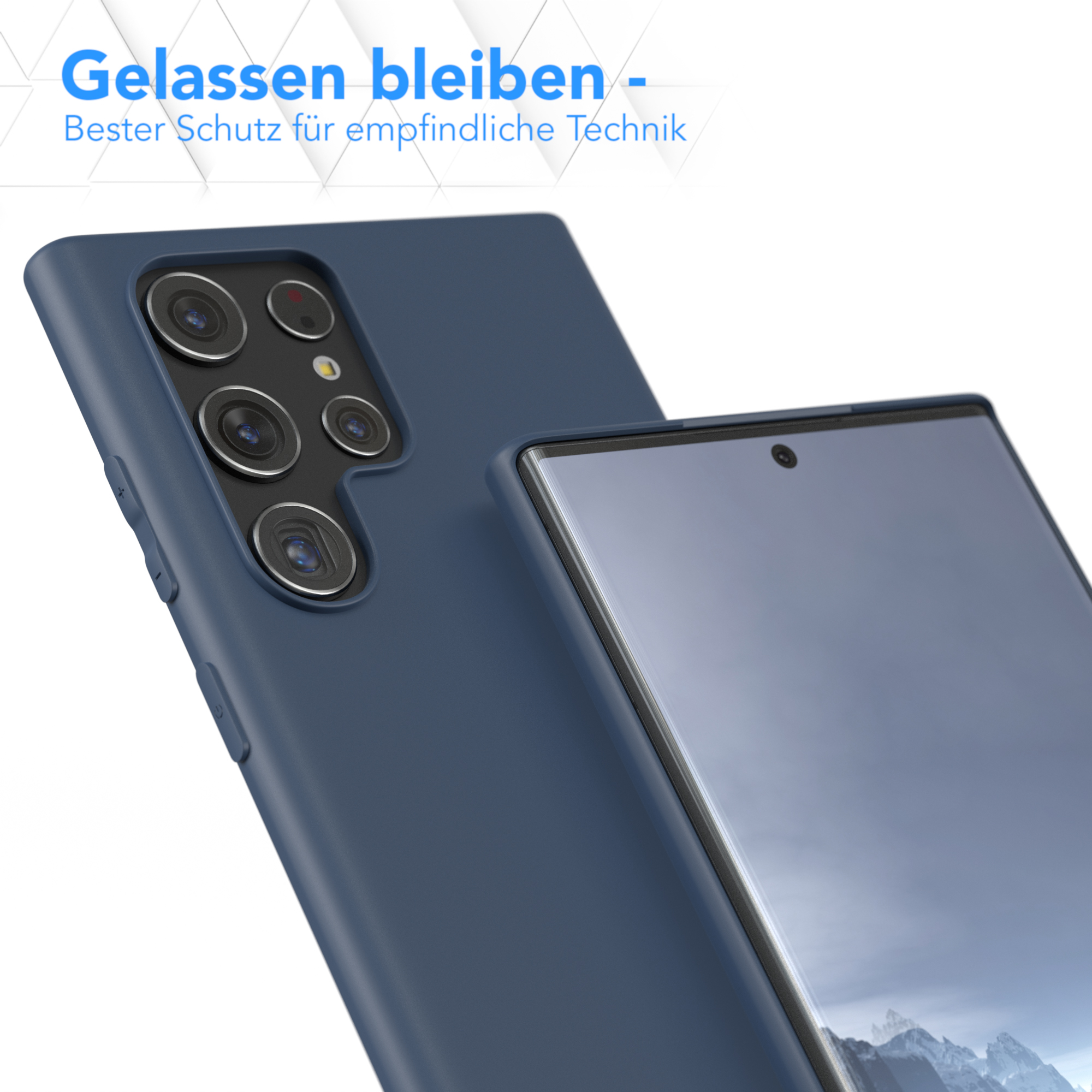 Eine blaue Handyhülle neben einem Telefon. Die Hülle schützt das Telefon.