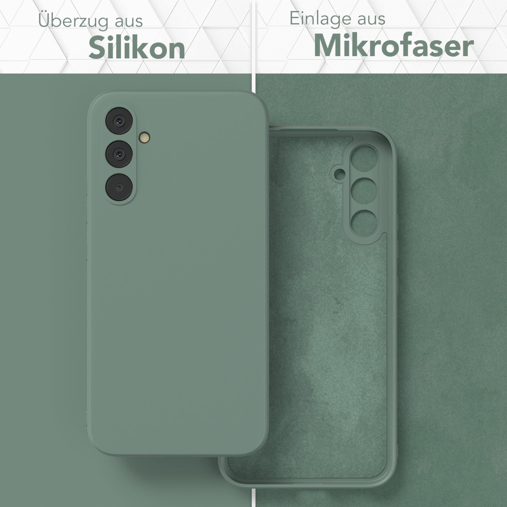 Grüne Handyhülle mit grünem Telefon. Hülle ist geöffnet, um das Mikrofaserfutter zu zeigen.