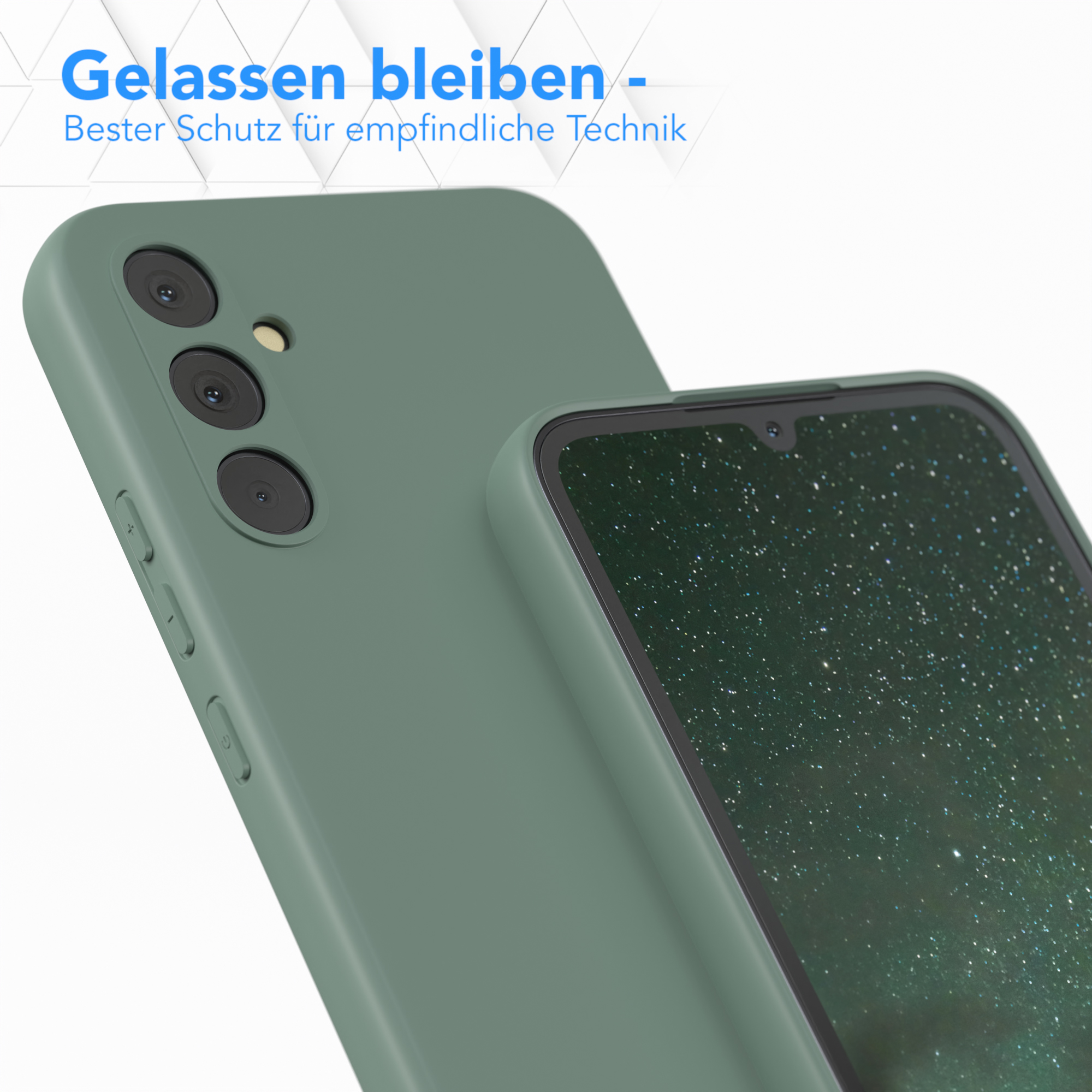 Zwei grüne Handyhüllen, Kamera und Bildschirm des Telefons werden gezeigt.