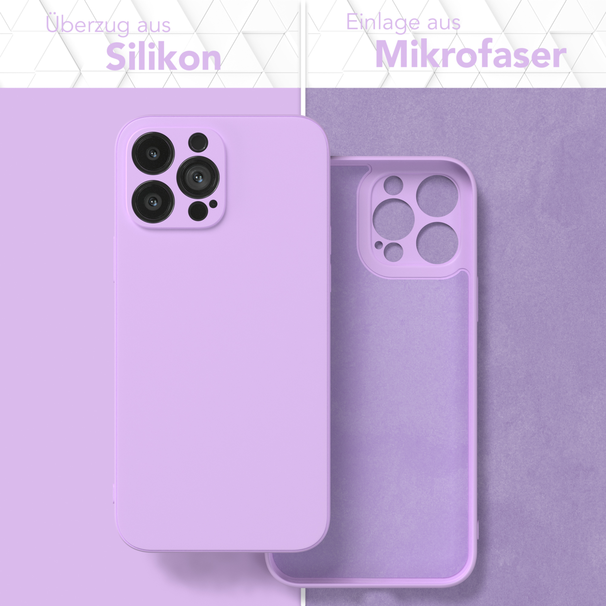 Lila Handyhülle mit Silikonhülle und Mikrofaser-Innenraum, vor lila Hintergrund.