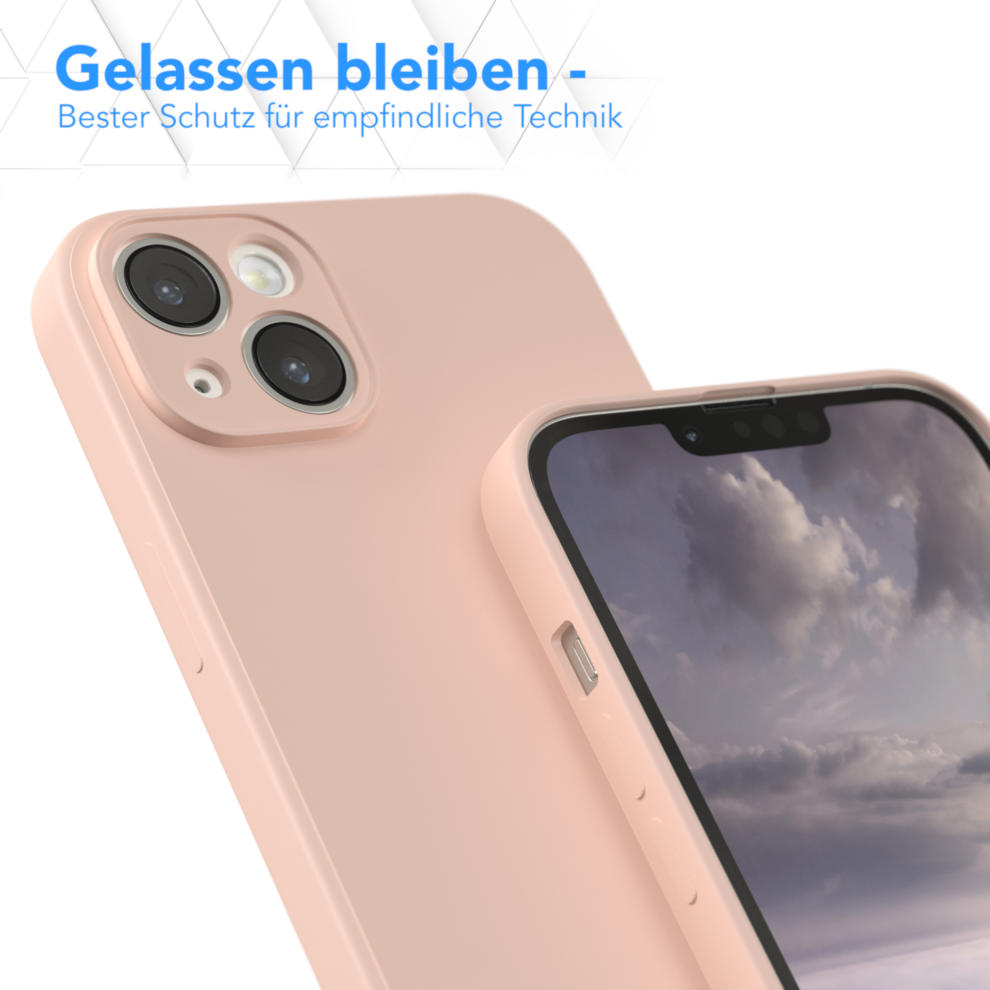 Nahaufnahme einer rosa Handyhülle mit Handy, Kamera und Bildschirm.