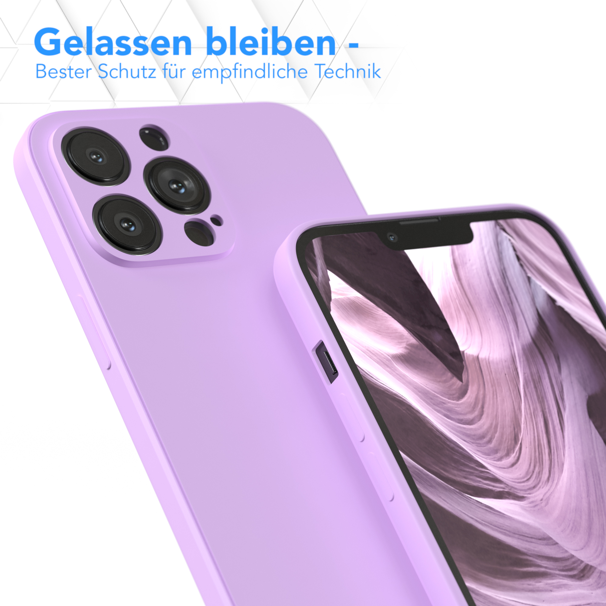 Lila Handyhülle auf einem Smartphone. Text oben: 'Gelassen bleiben' und unten.