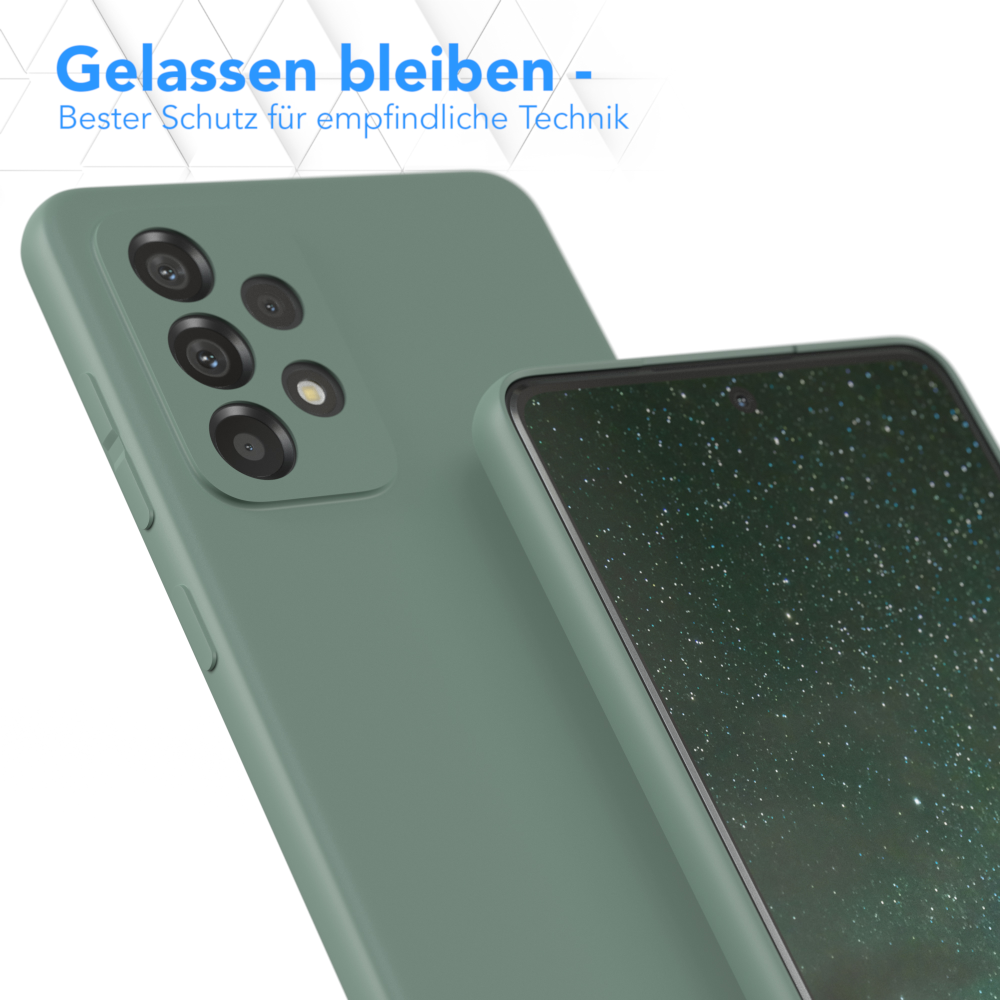Grüne Handyhülle Nahaufnahme. Telefonbildschirm sichtbar. Text: 'Entspannt bleiben'.