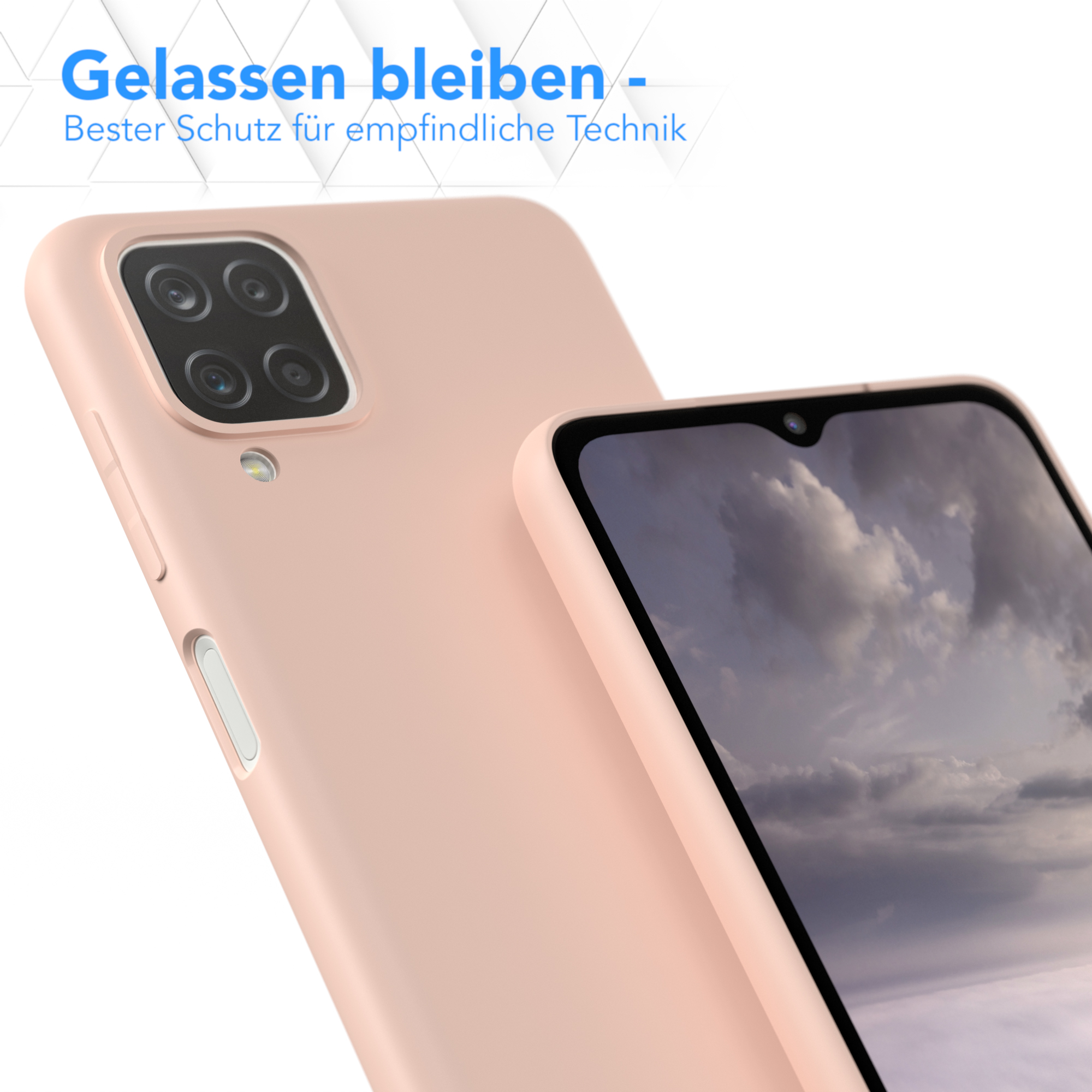 Zwei pinke Handyhüllen. Eine zeigt ein Handy mit Bildschirm. Text oben: 'Gelassen bleiben'.