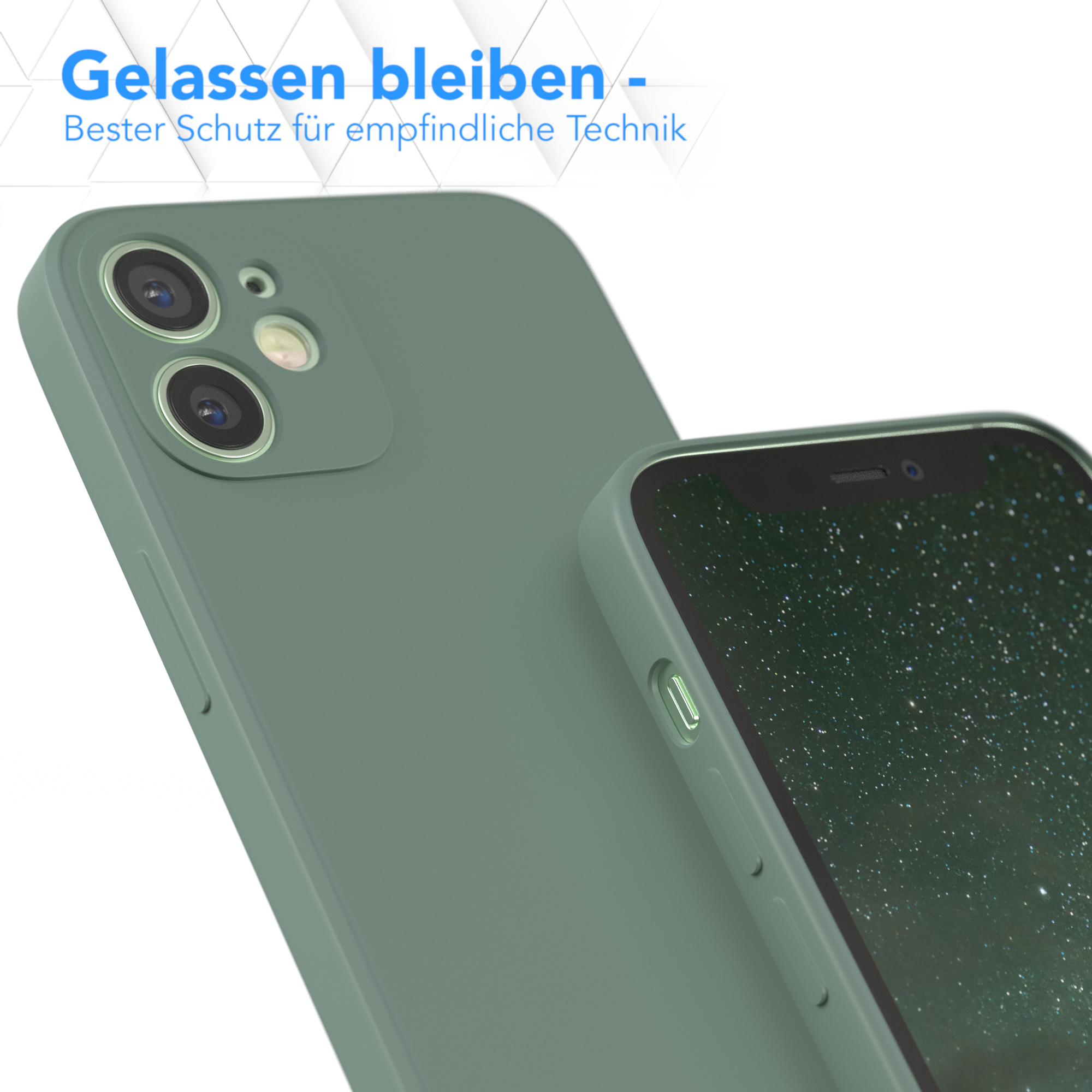 Grüne Handyhülle mit Telefon, Nahaufnahme. Text oben. Weißer Hintergrund.