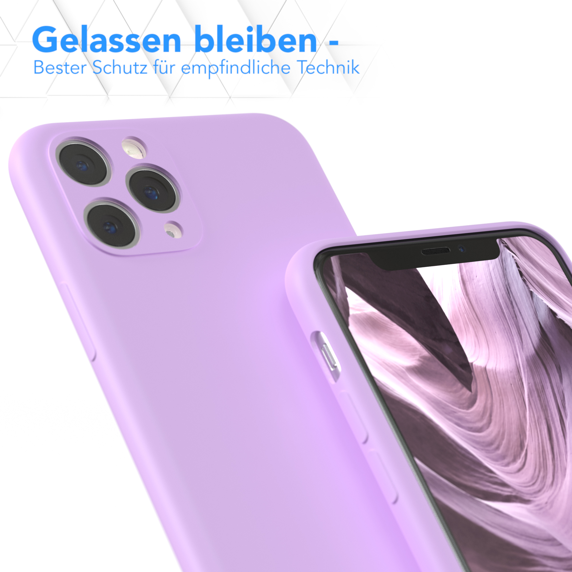Zwei lilafarbene Handyhüllen. Eine bedeckt ein Telefon, die andere ist separat. Text: 'Entspannt bleiben'.