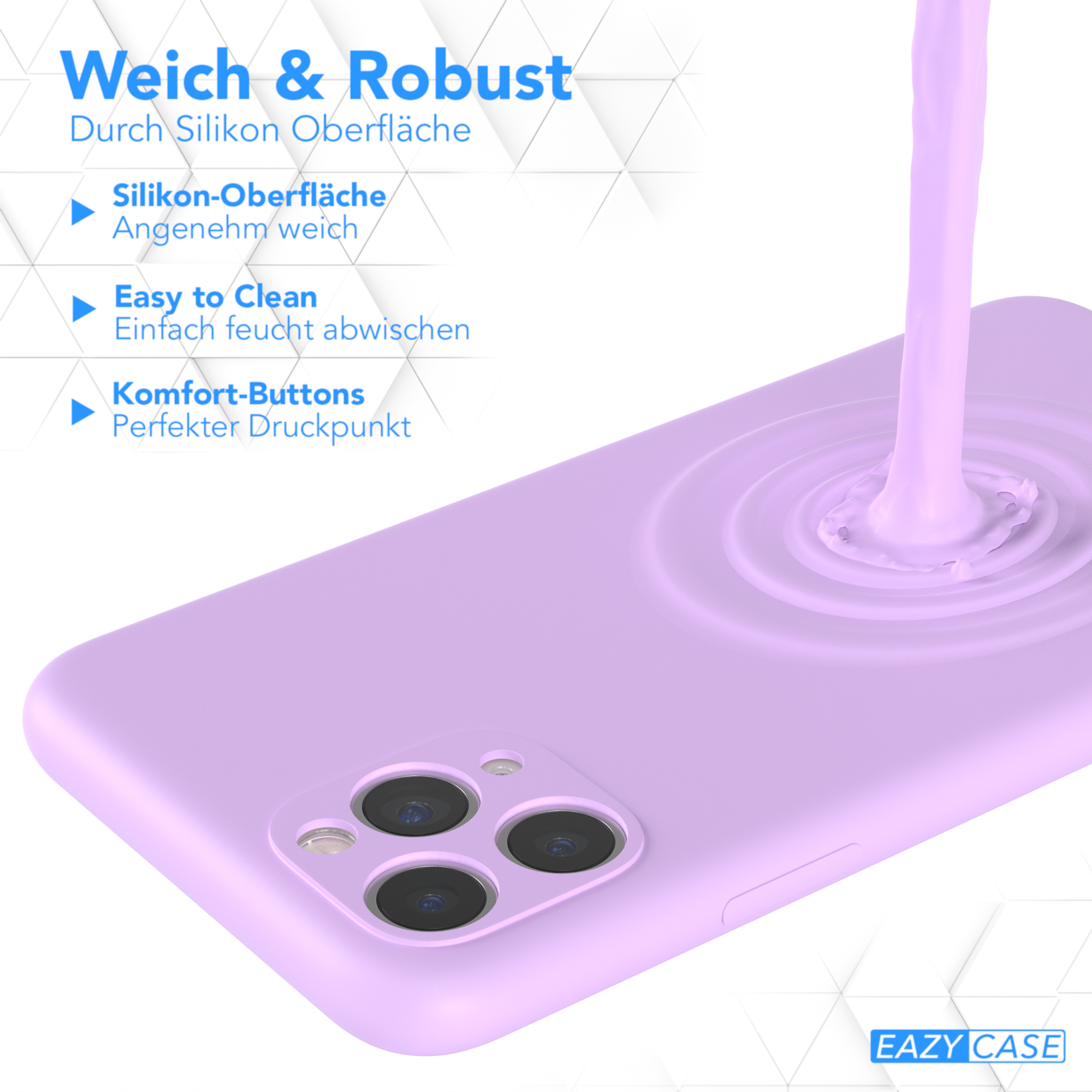 Eine lila Handyhülle mit einem Flüssigkeitsspritzeffekt und Text über die Oberfläche.