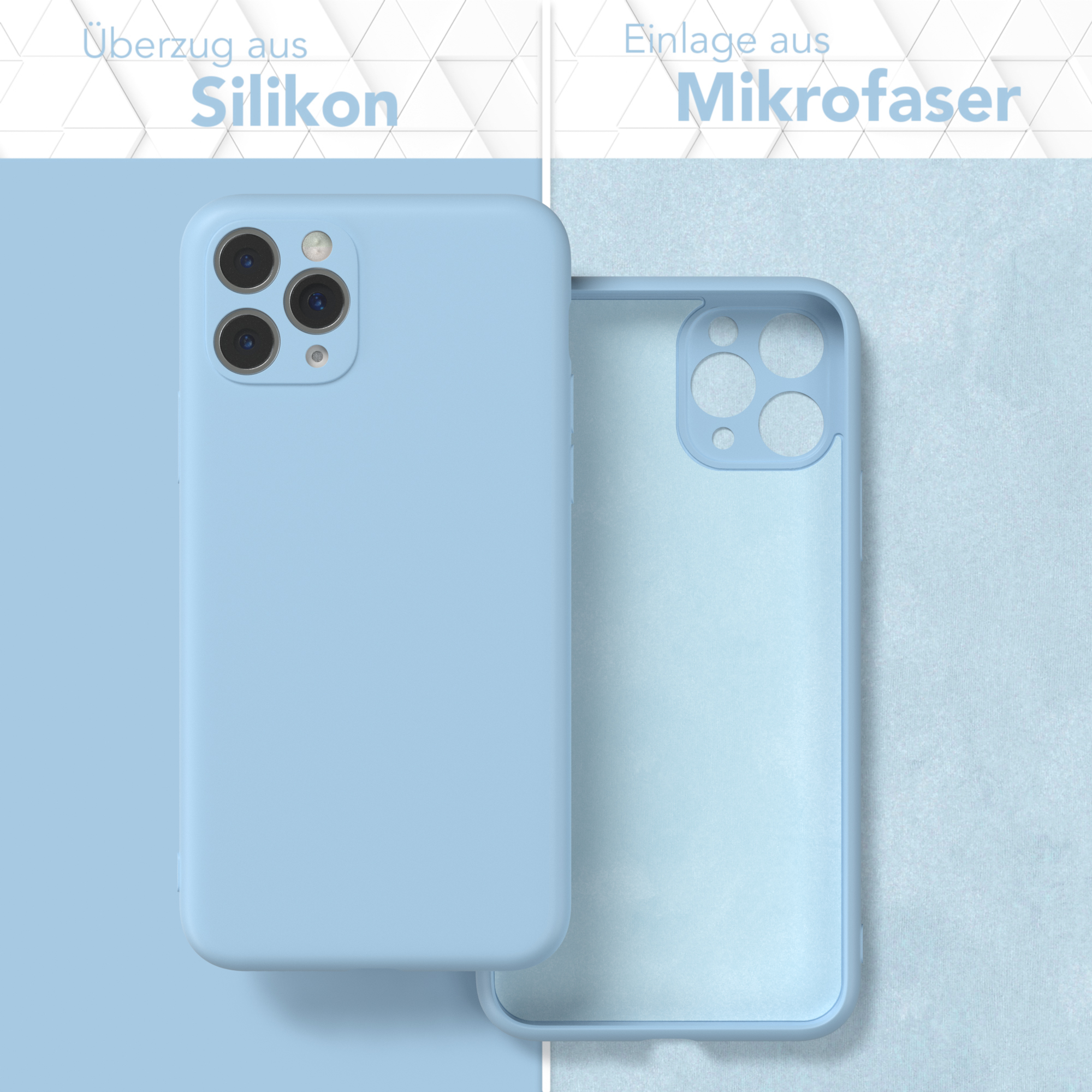 Zwei Handyhüllen, eine blaue, eine klare, die Innenseite zeigend. Der Text lautet Silikon und Mikrofaser.