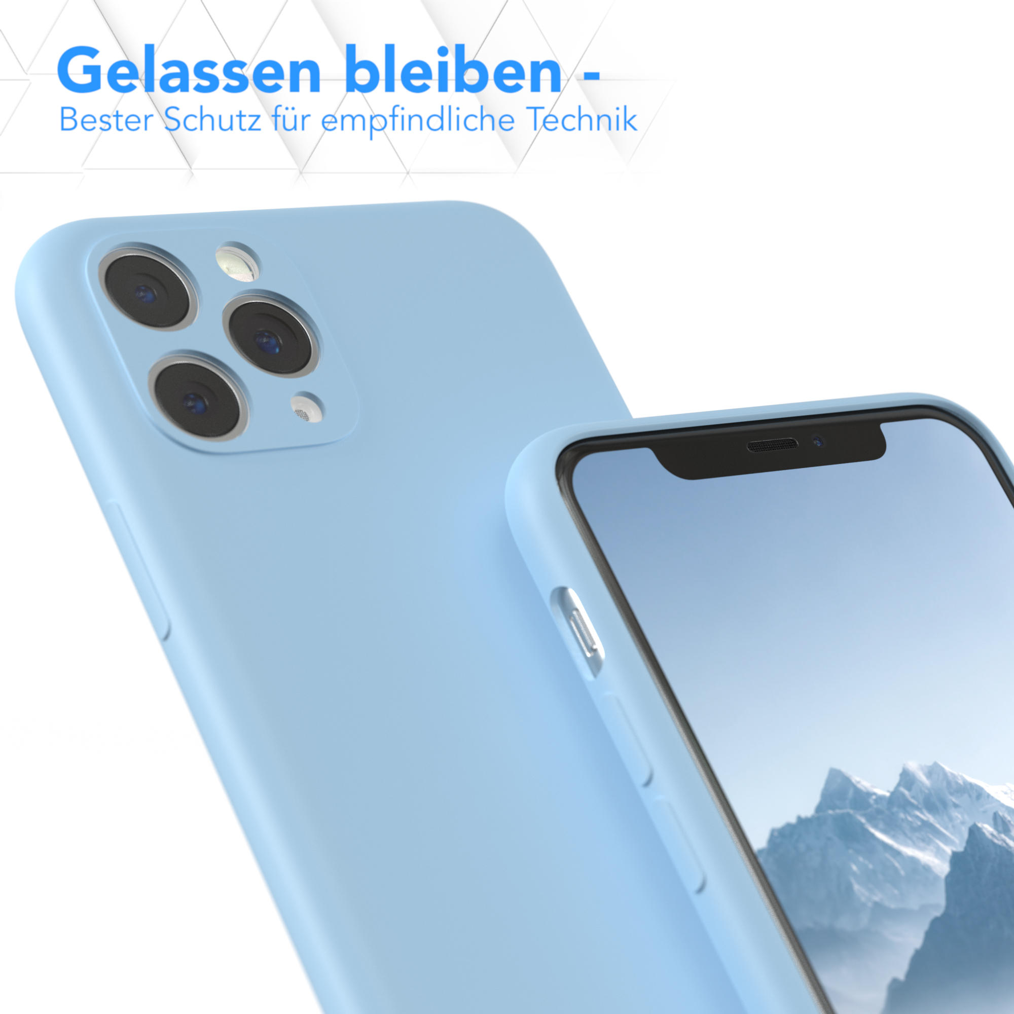 Blaue Handyhülle mit Smartphone. Nahaufnahme, Schutzkleidung gezeigt.