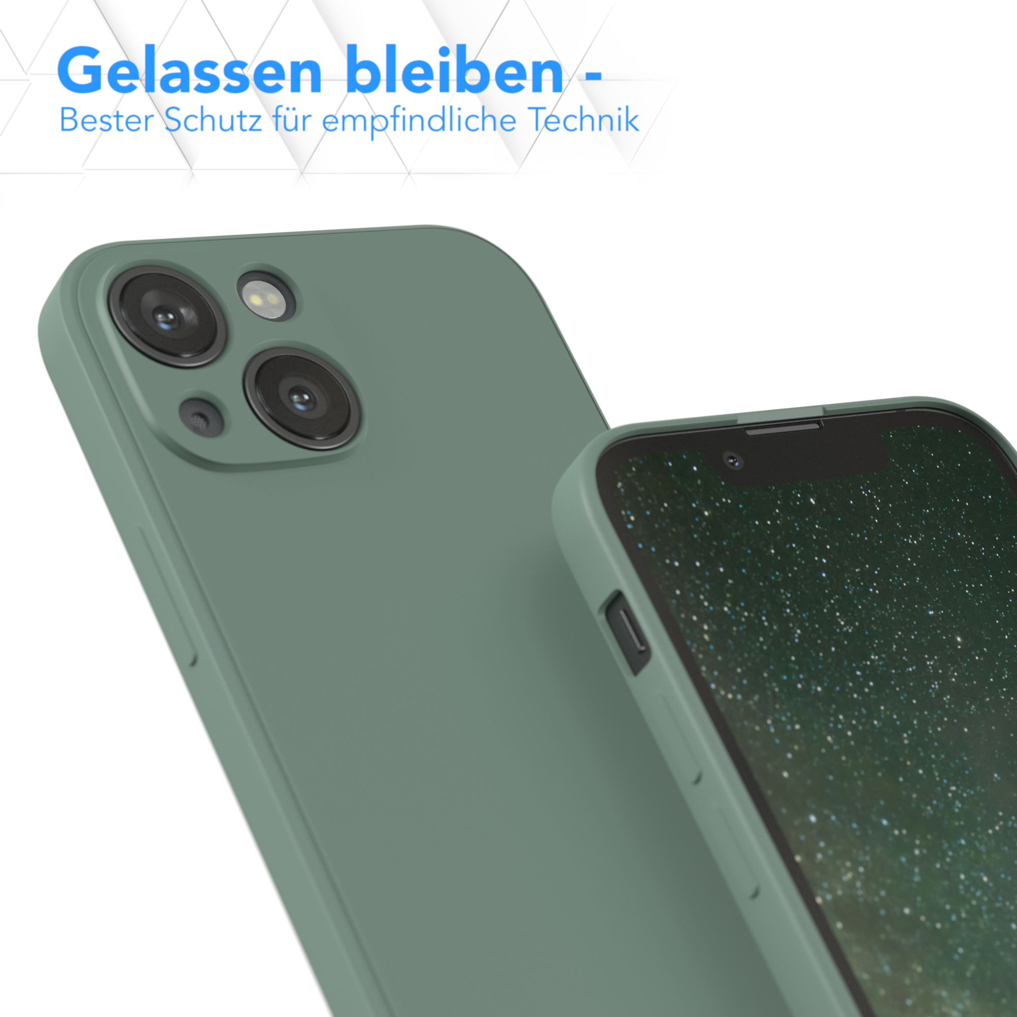 Eine grüne Handyhülle mit einem Telefon darin, die Kameralinsen sind sichtbar.