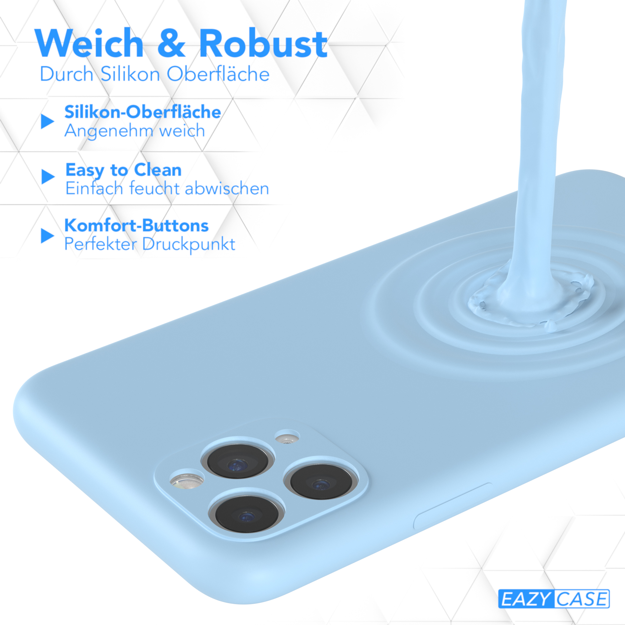 Blaue Handyhülle mit Flüssigkeitsspritzeffekt. Die Hülle ist auf einer Oberfläche.