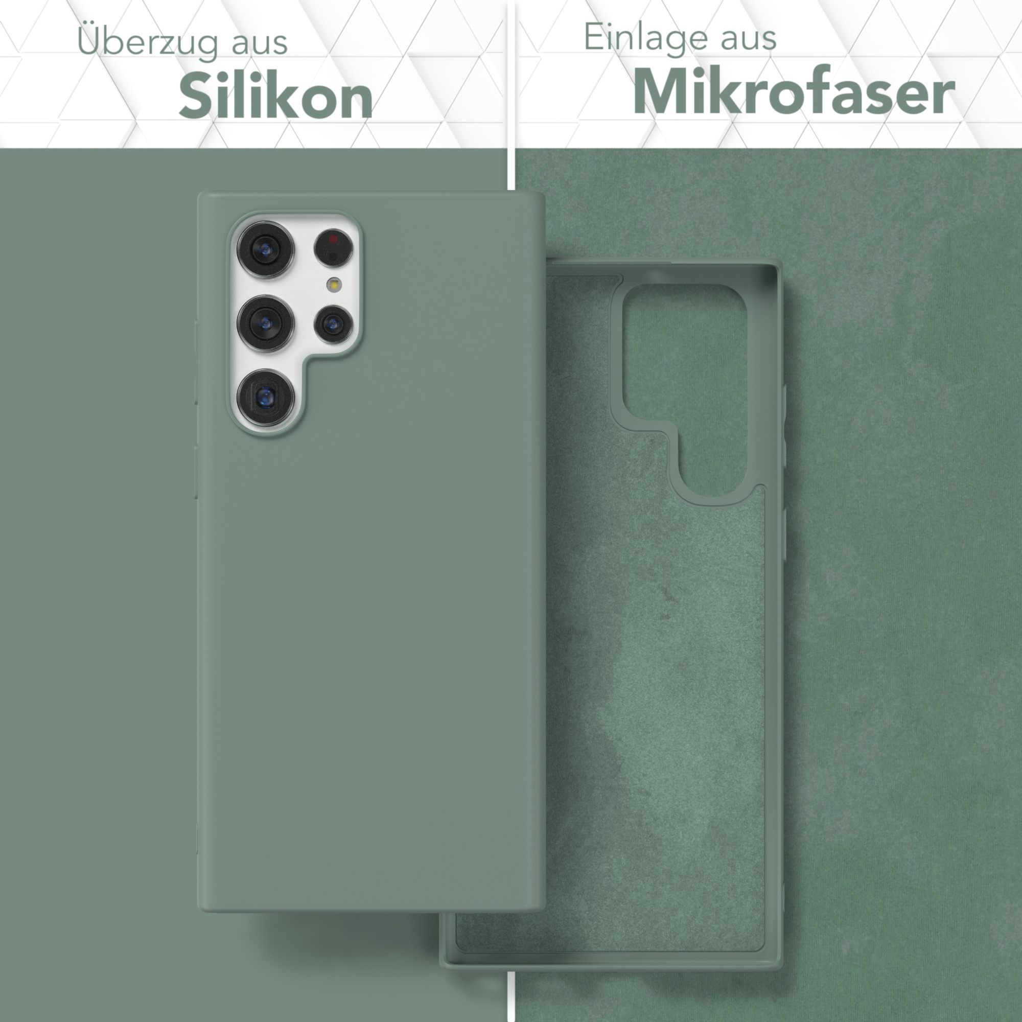 Zweiteilige grüne Handyhülle: Hülle und Mikrofaser-Innenraum auf grünem Hintergrund.