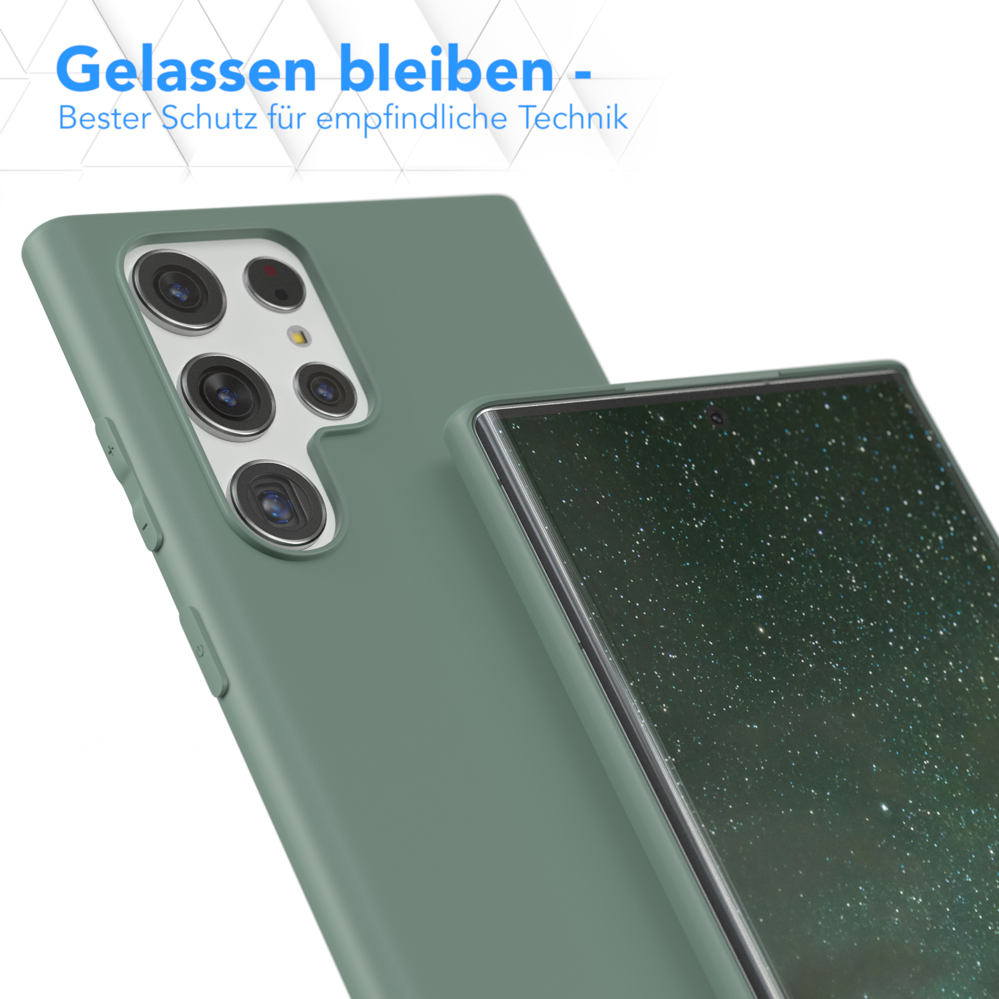 Eine grüne Handyhülle mit einem Telefon darin. Der Hintergrund ist unscharf.