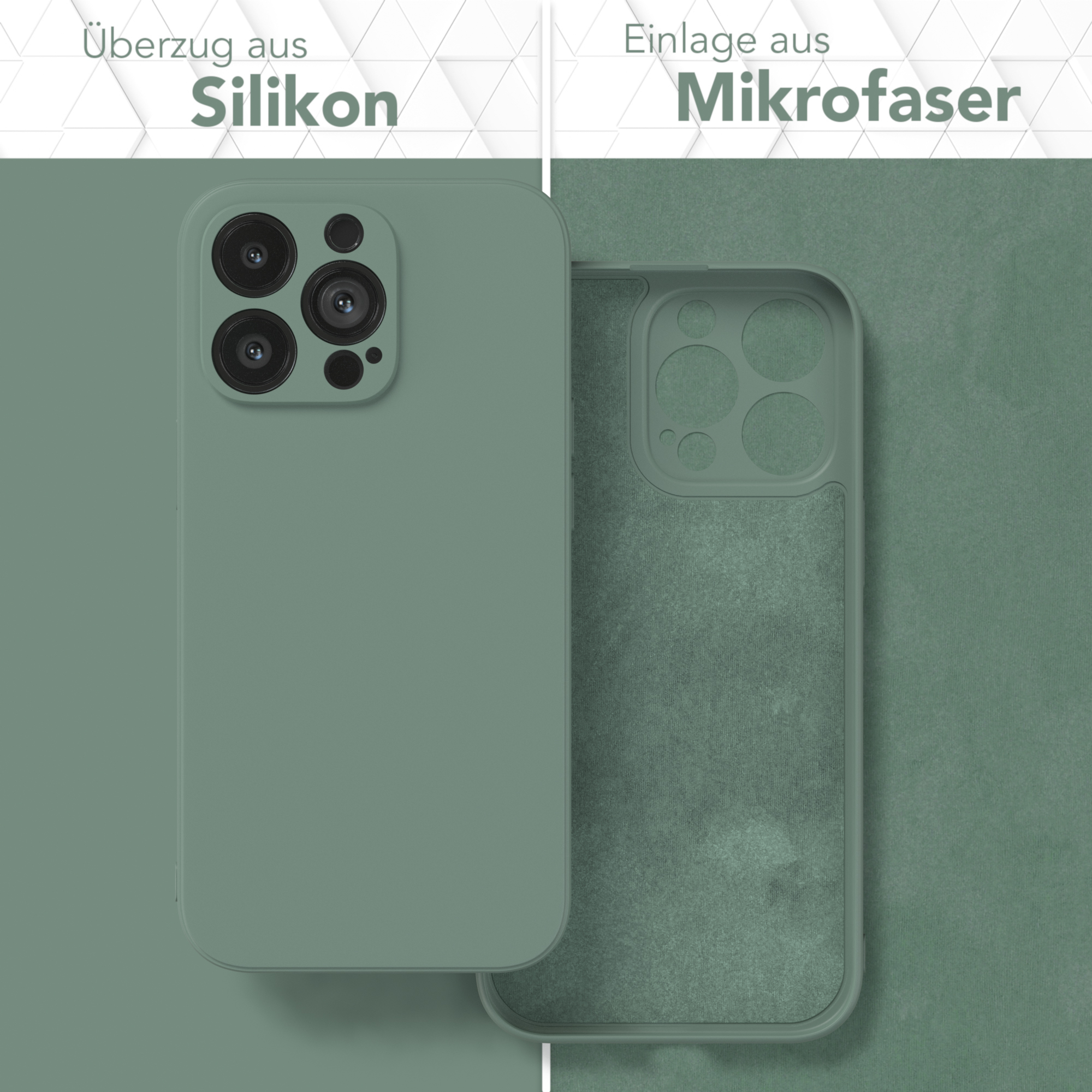 Zweiteilige Handyhülle: grüne Silikonaußenseite und Mikrofaserinnenseite, mit Text, der Silikon und Mikrofaser beschreibt.