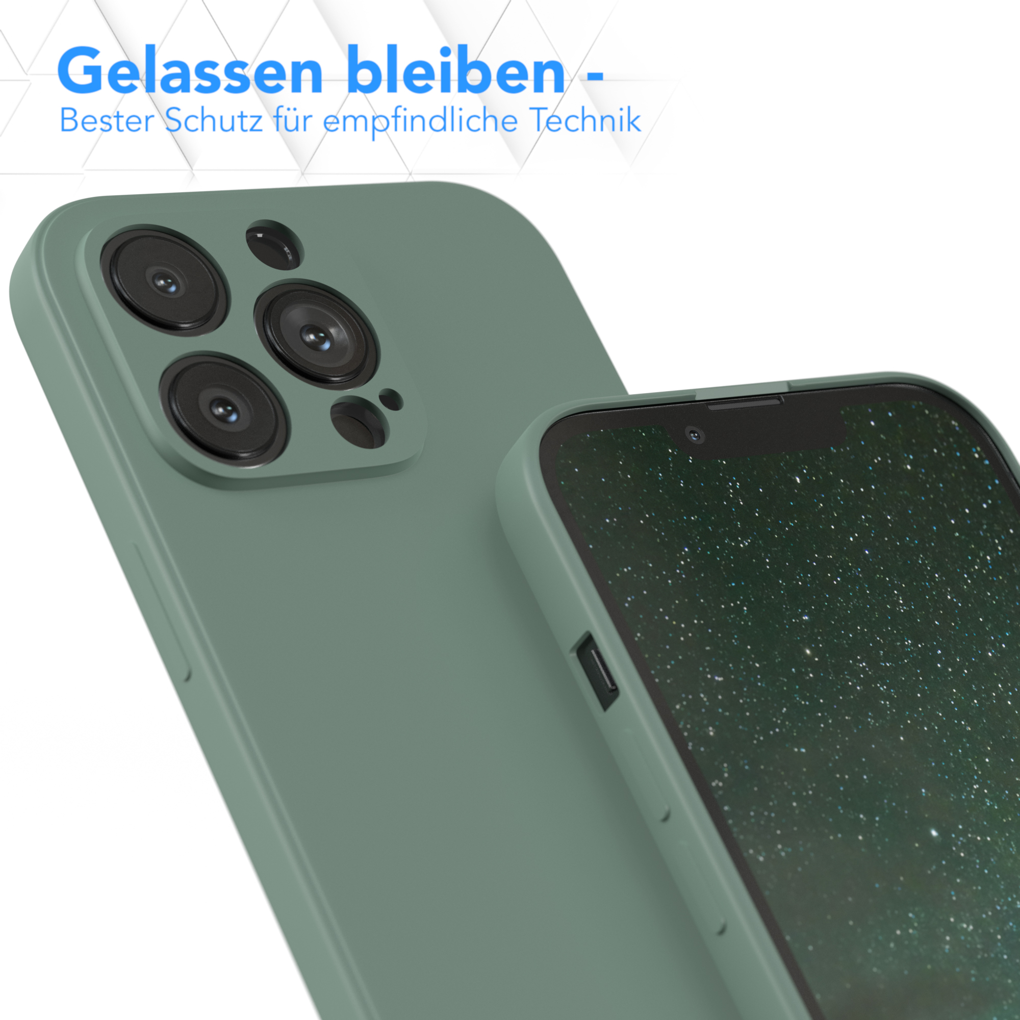 Zwei Telefone, eines in einer Hülle. Die Hülle ist grün. Die Kameralinsen des Telefons sind sichtbar.