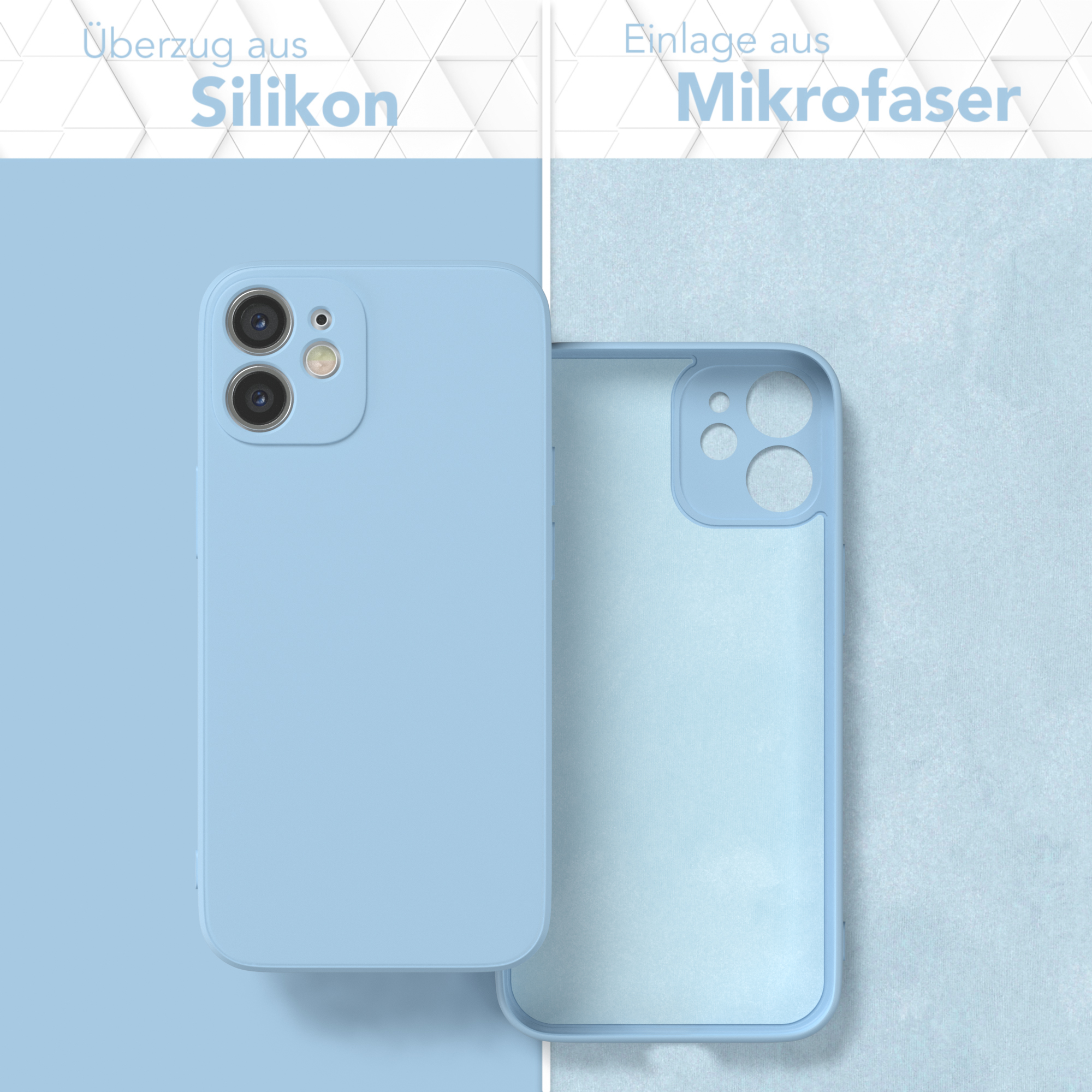 Telefonhülle, geteilt, um Silikonhülle und Mikrofaserfutter in Blau zu zeigen.