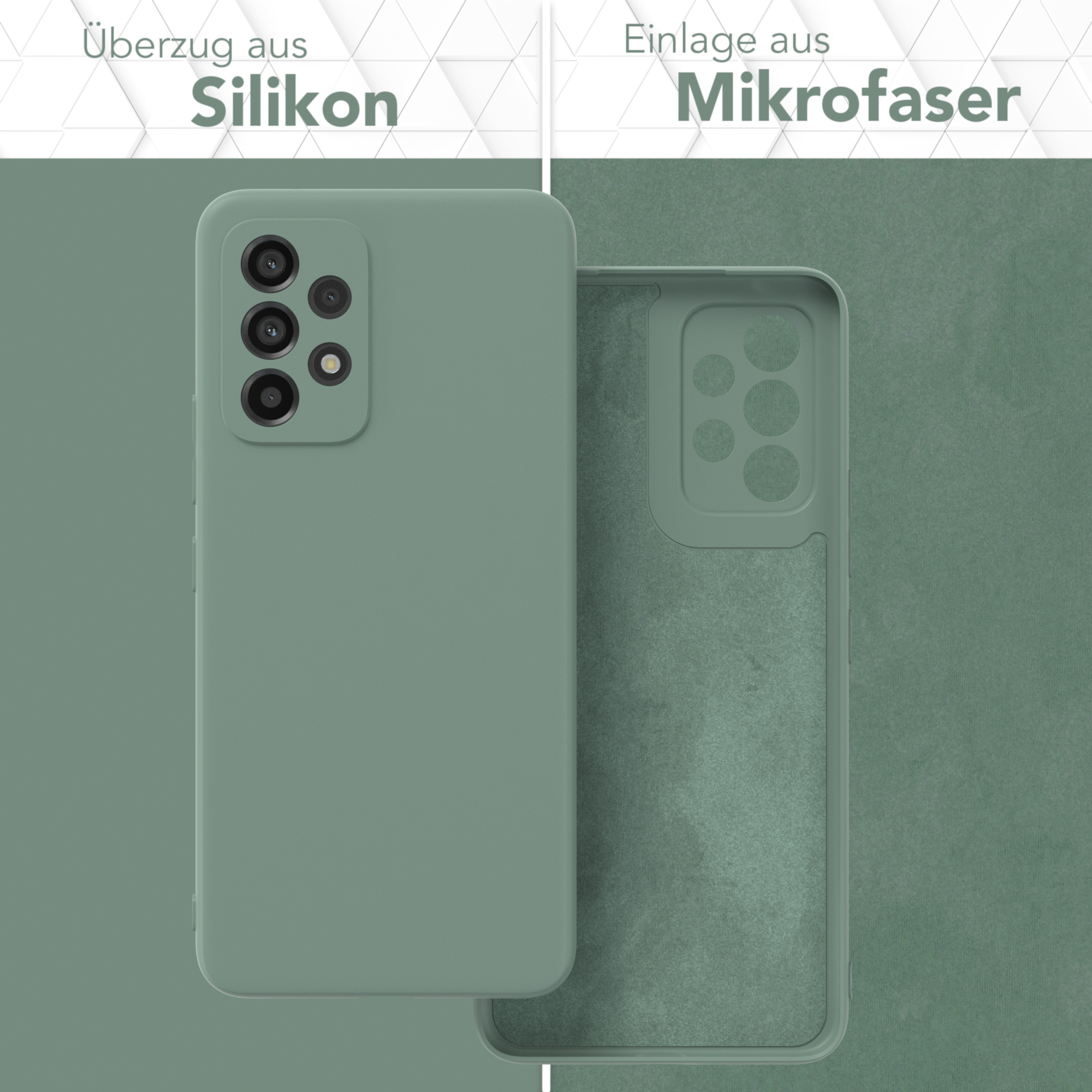 Grüne Handyhülle mit Silikonhülle und Mikrofaser-Einsatz. Die Hülle ist grün.