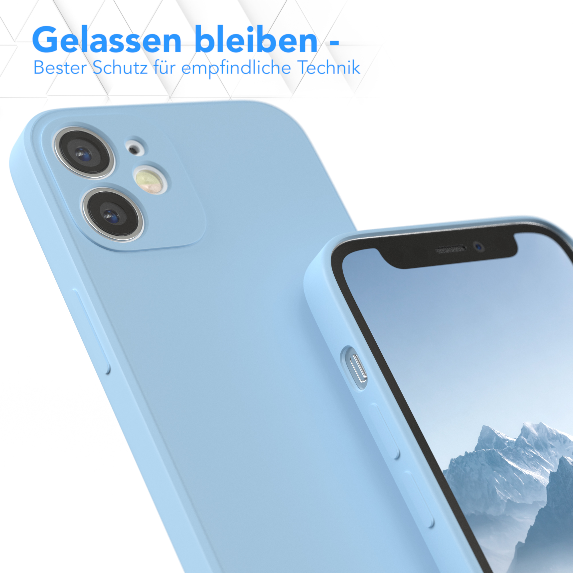 Hellblaue Handyhülle mit einem Telefon darin. Das Telefon zeigt einen Bildschirm.