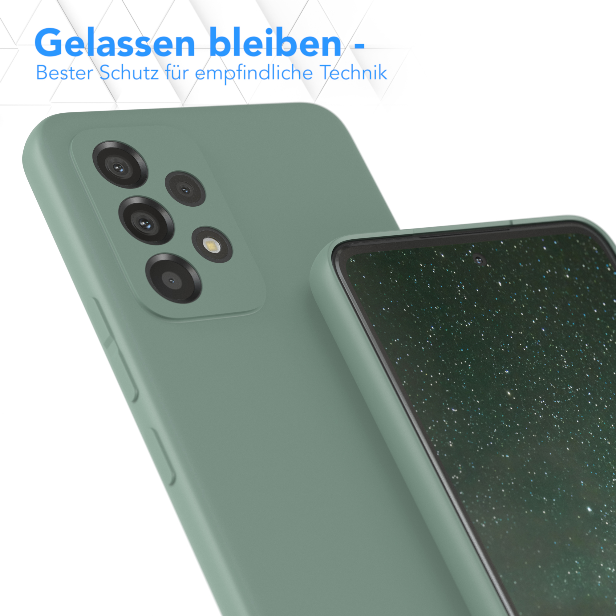 Nahaufnahme von zwei Handyhüllen, eine bedeckt ein Handy mit Sternenhimmel.
