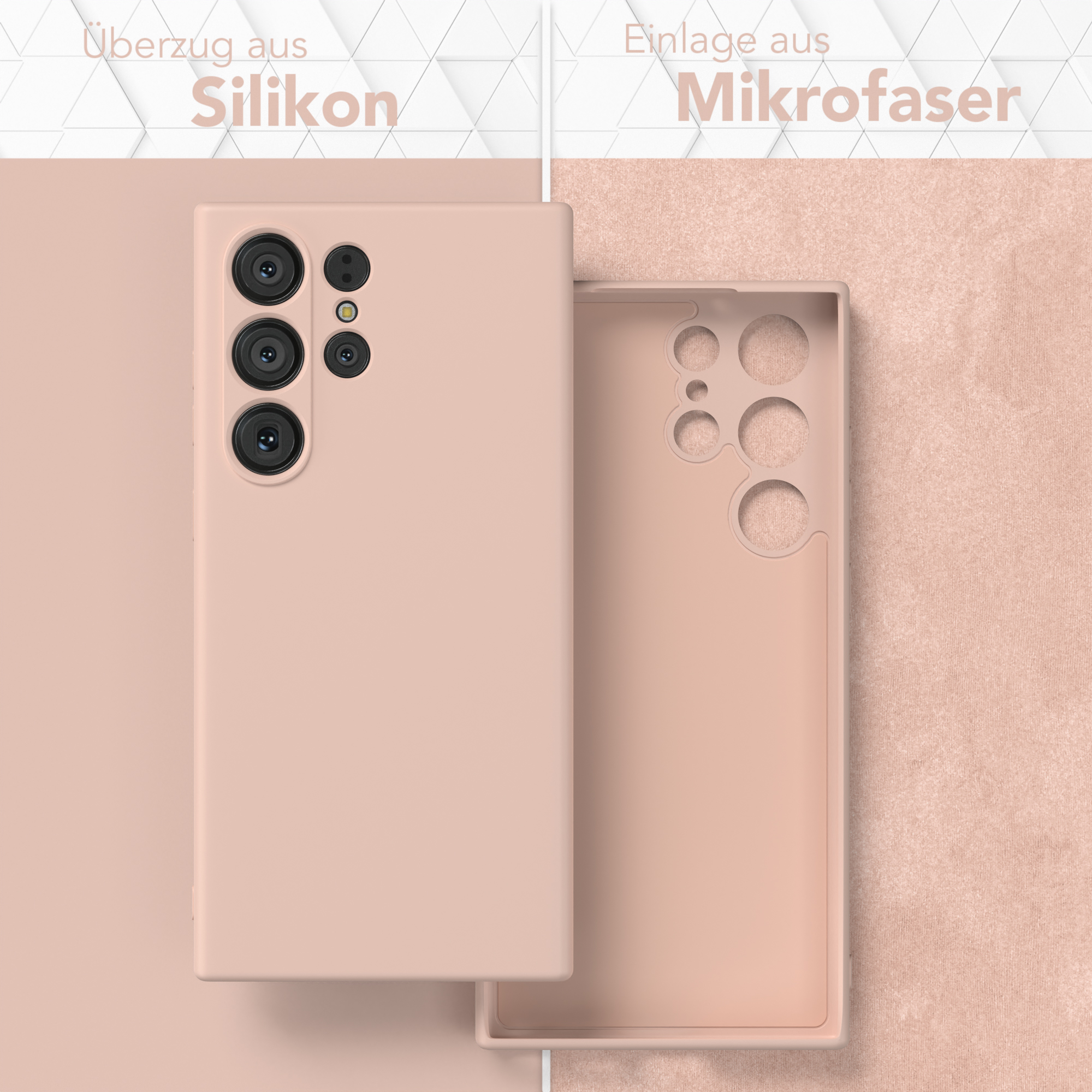 Zwei Handyhüllen, eine rosa, Silikon außen und Mikrofaser innen.