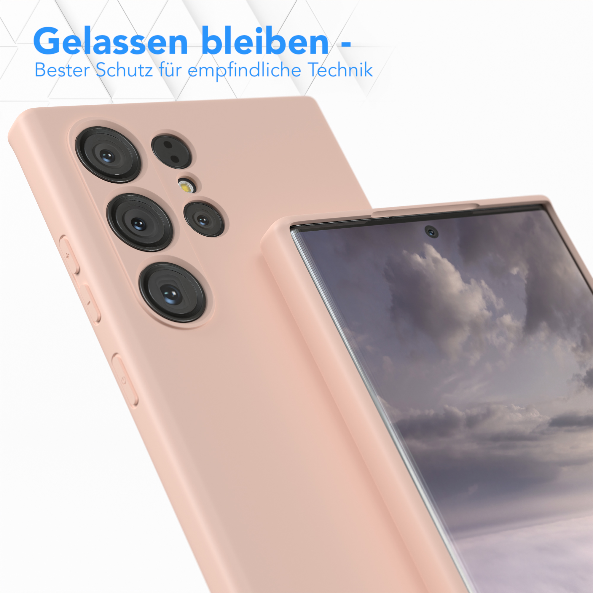 Rosa Handyhülle, Nahaufnahme von Telefon und Hülle. Die Hülle bedeckt das Telefon.