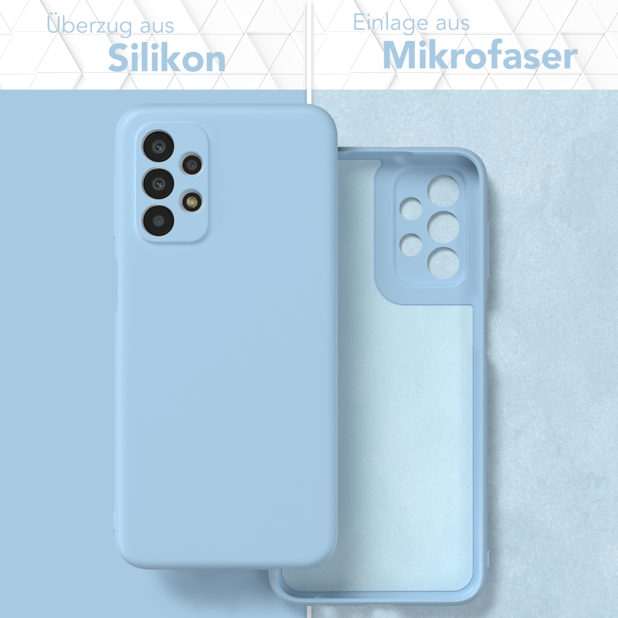 Eine blaue Handyhülle mit einem Telefon. Das Innere ist hellblau.