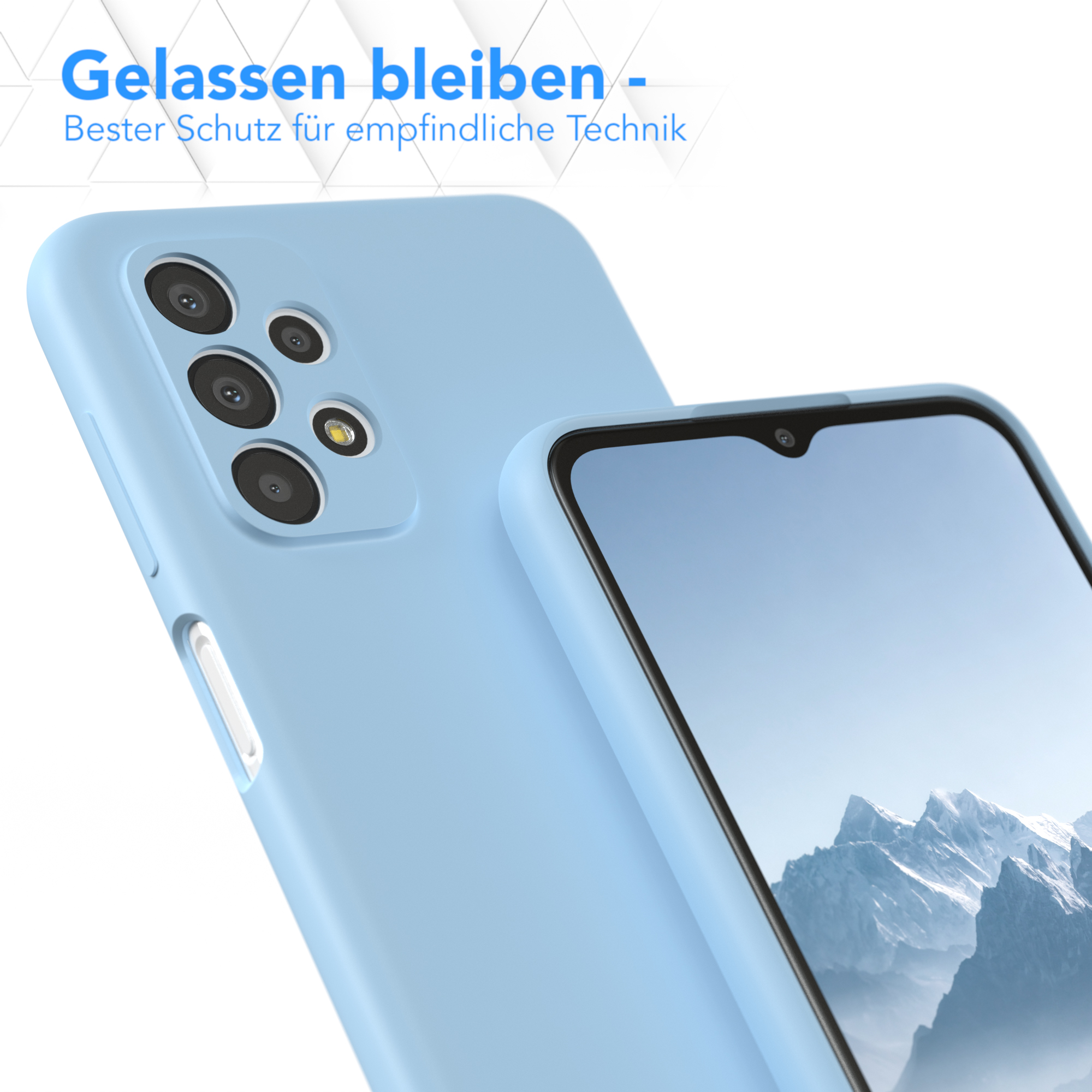 Eine hellblaue Handyhülle, die das Telefon zeigt. Text: "Gelassen bleiben" und "Bester Schutz".
