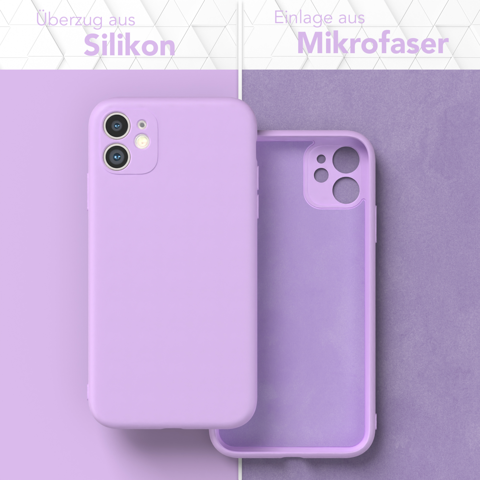Eine Handyhülle mit lila Silikon außen und Mikrofaser innen.