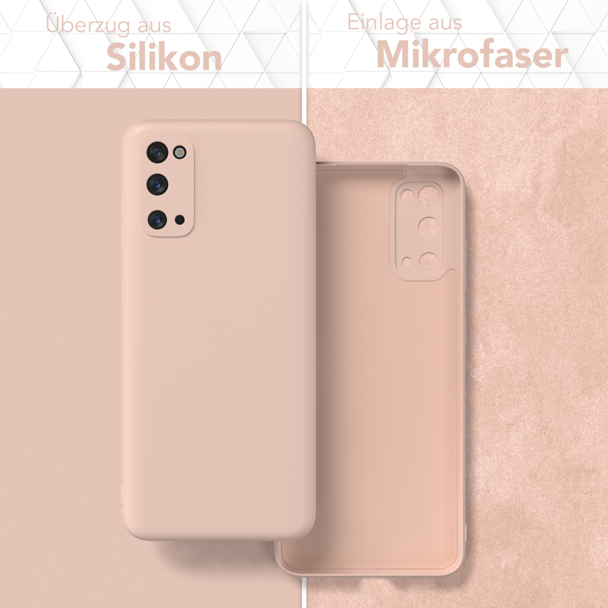Zweiteilige Handyhülle: rosa Silikonaußenseite und Mikrofaserinnenseite, mit Text, der Silikon und Mikrofaser beschreibt.
