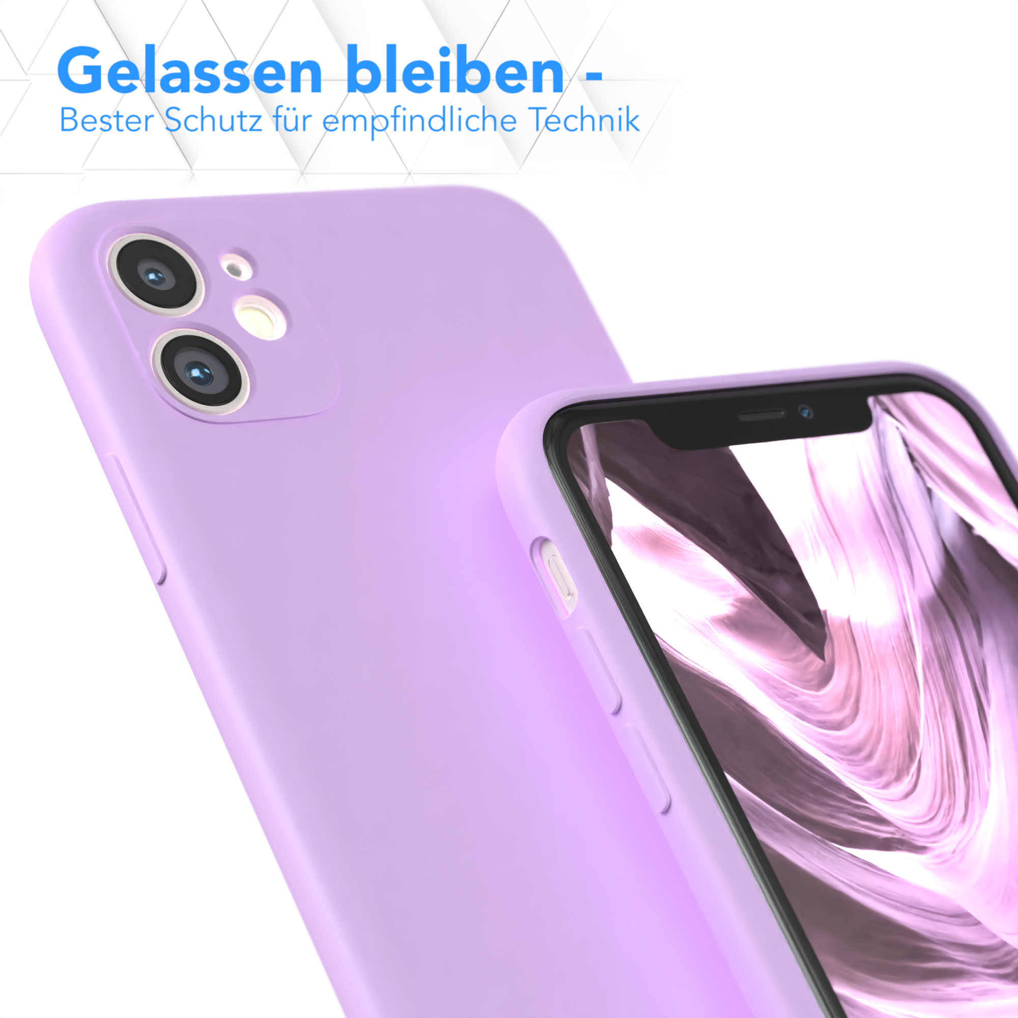 Lila Handyhülle auf einem Smartphone. Text oben: 'Gelassen bleiben' und unten.