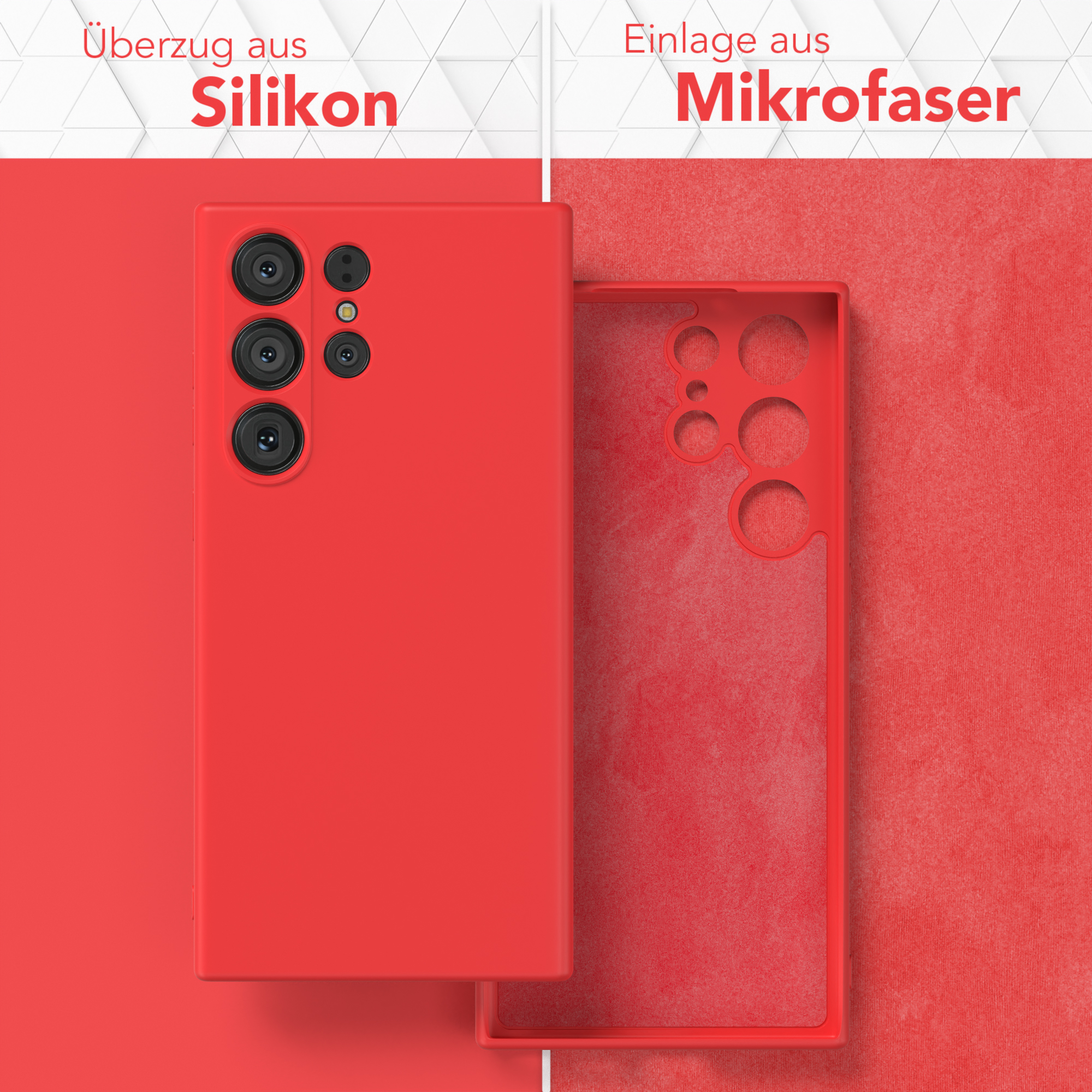 Rote Handyhülle, Silikonaußenseite, Mikrofaserinnenraum, auf rotem Hintergrund.