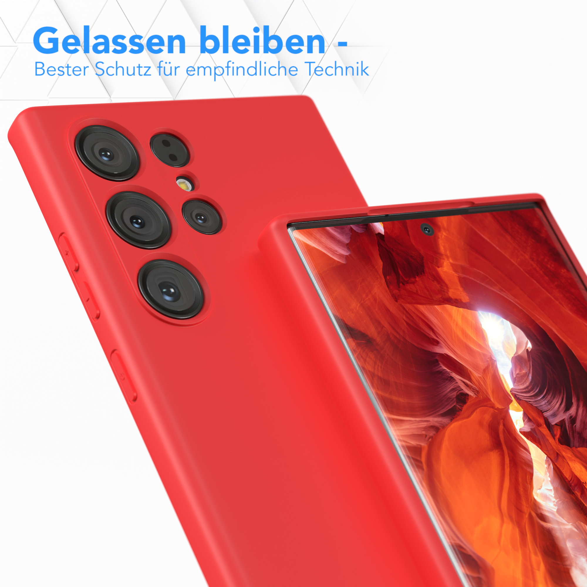 Rote Handyhülle mit mehreren Kameraausschnitten, eine weitere Hülle im Hintergrund.