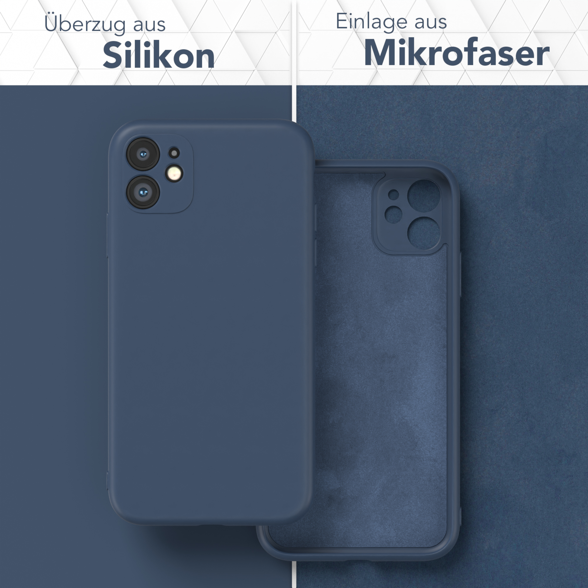 Marineblaue Handyhülle, zeigt Silikonaußenseite und Mikrofaserfutter.