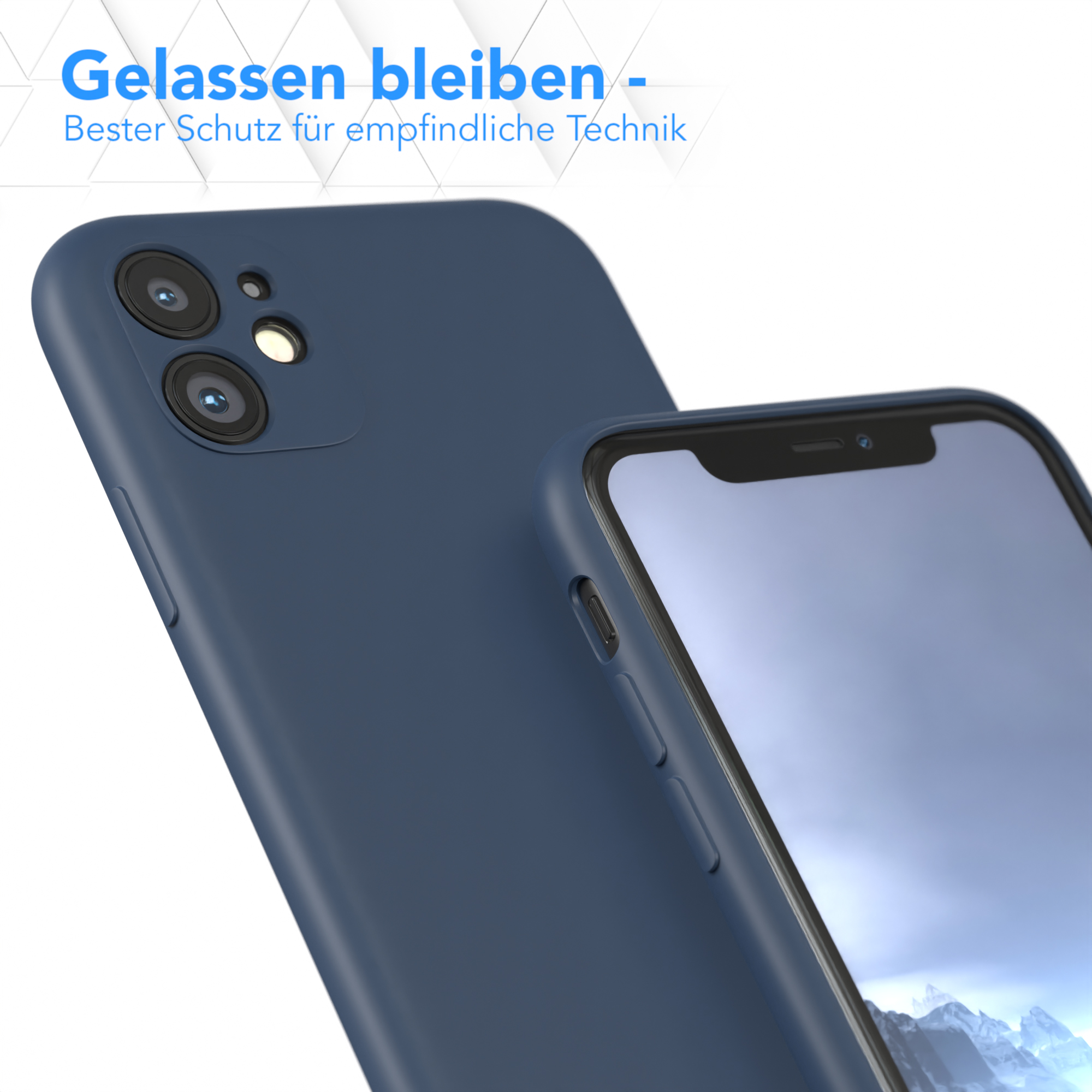Eine dunkelblaue Handyhülle auf der Rückseite eines dunkelblauen Telefons. Die Hülle hat ein glattes Finish.