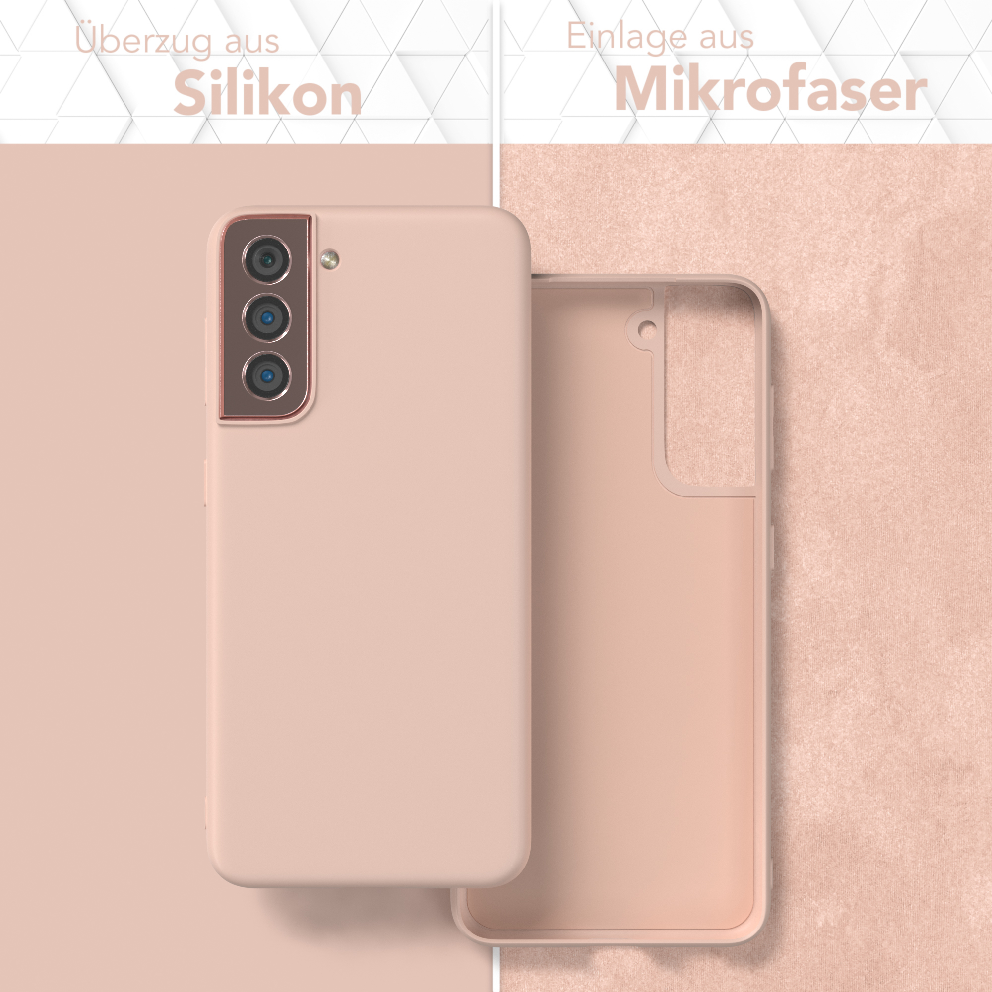 Zwei Handyhüllen, eine hellrosa, die andere geöffnet mit Mikrofaser-Innenseite. Text: Silikon und Mikrofaser.