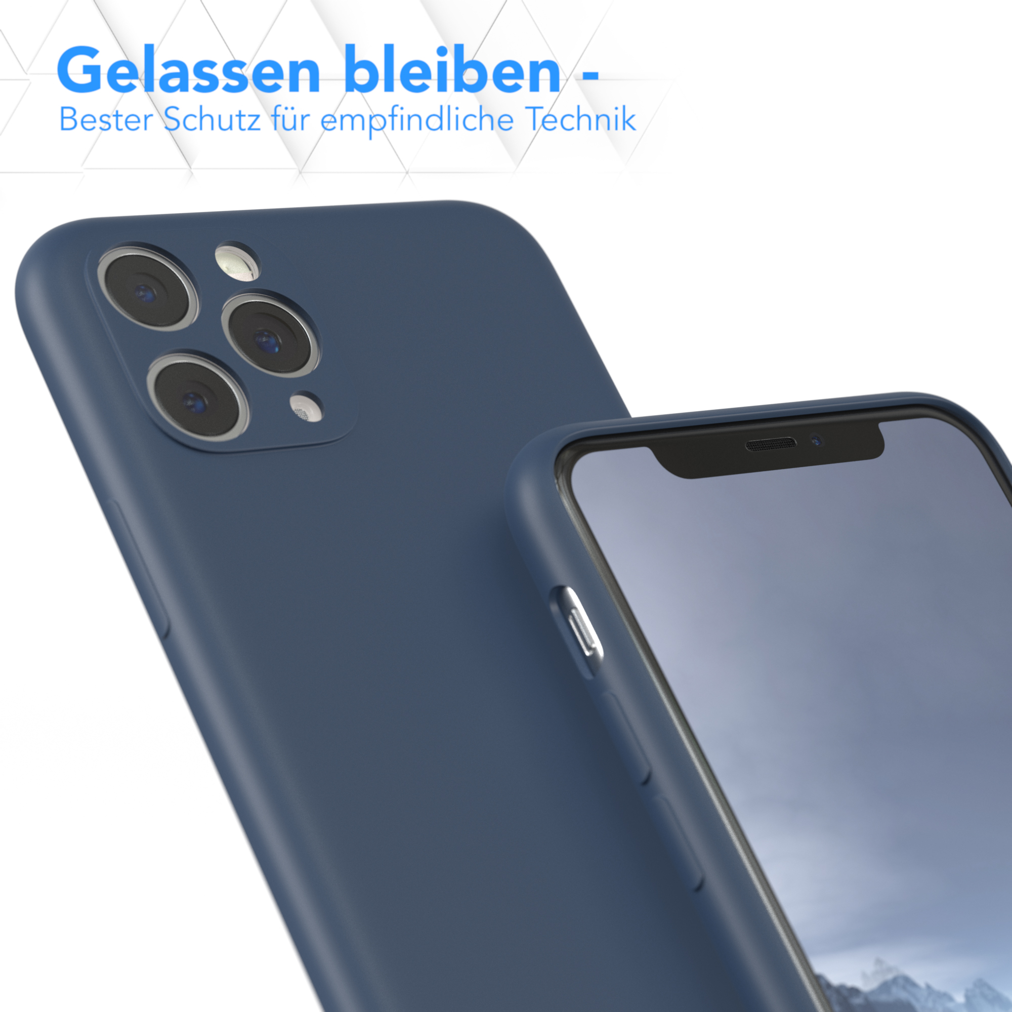 Nahaufnahme von zwei marineblauen Telefonen, eines davon in einer Hülle. Der Hintergrund ist weiß.