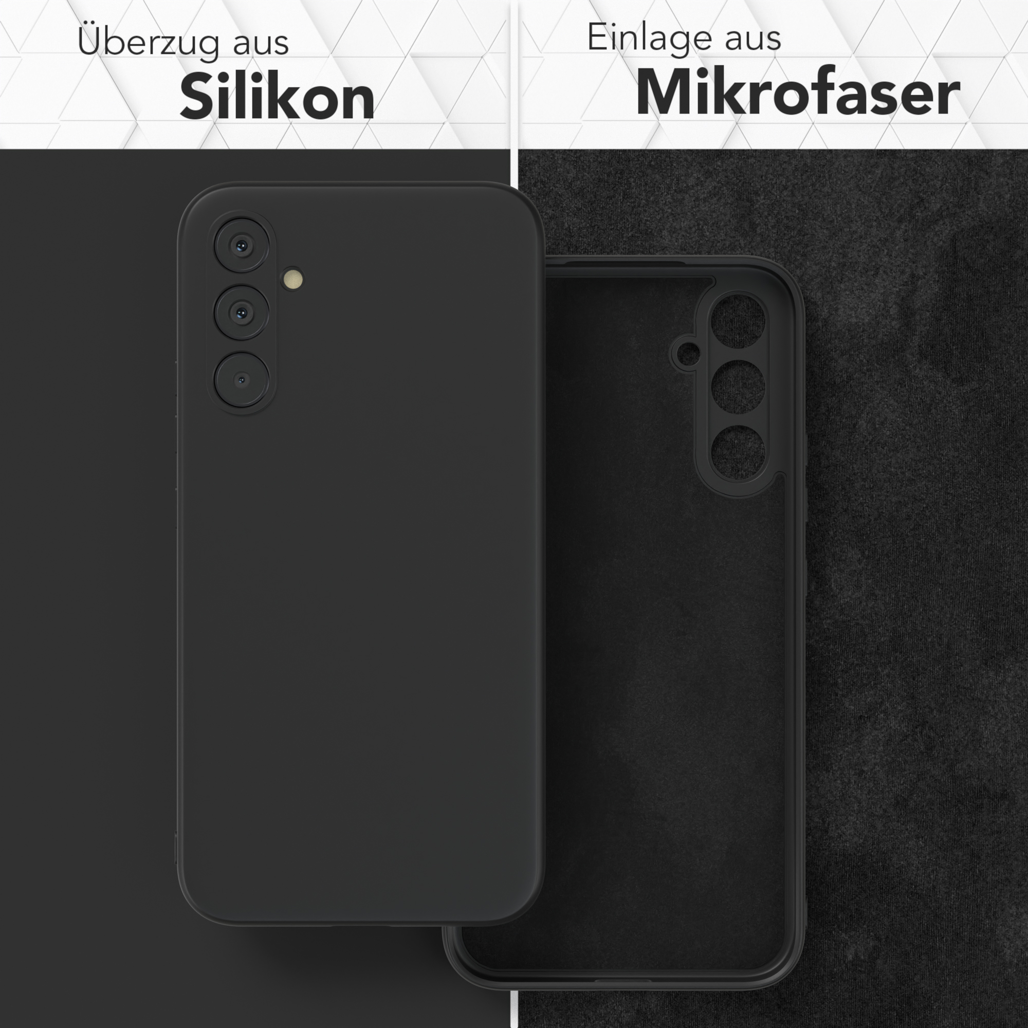 Zwei Handyhüllen, eine schwarz, eine transparent, zeigt die Innenseite. Text: Silikonbezug, Mikrofaser-Einsatz.