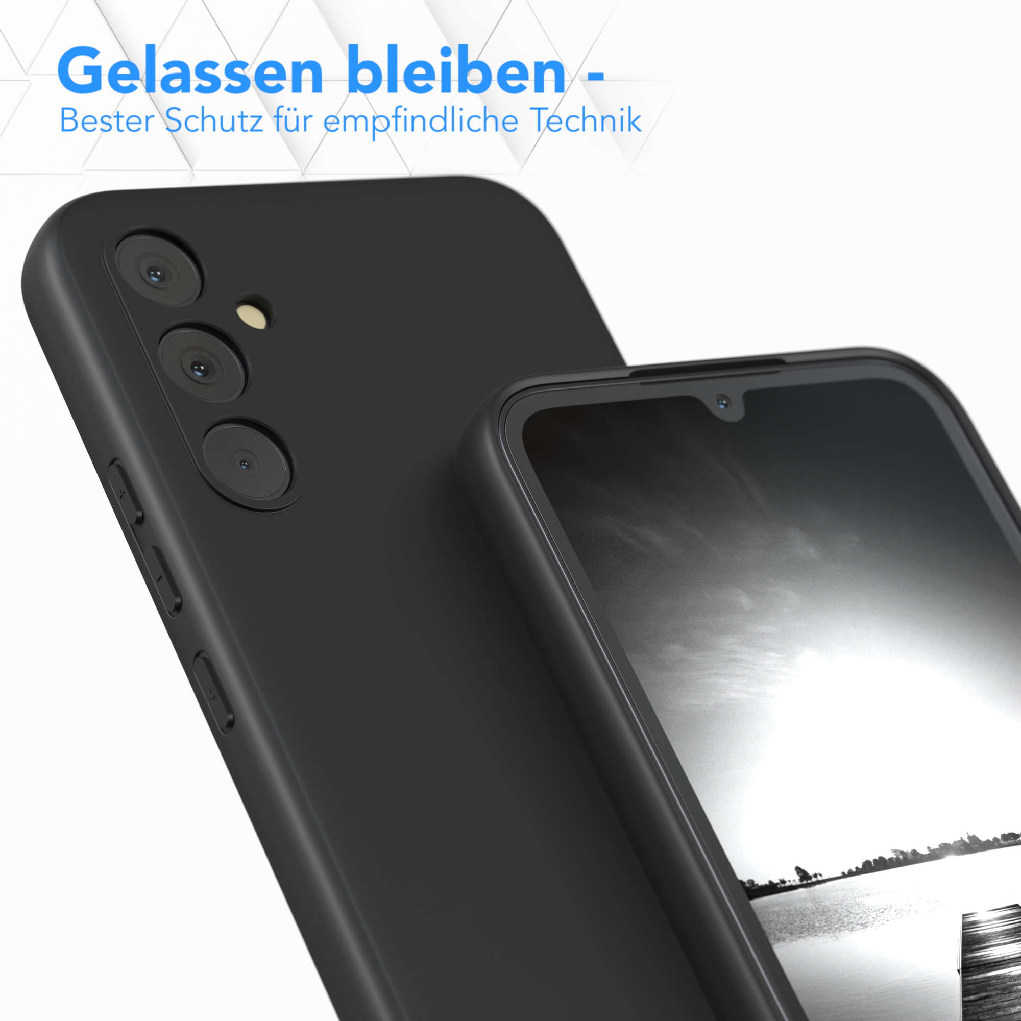Schwarze Handyhülle und Telefon. Das Telefon hat einen Bildschirm. Weißer Hintergrund.