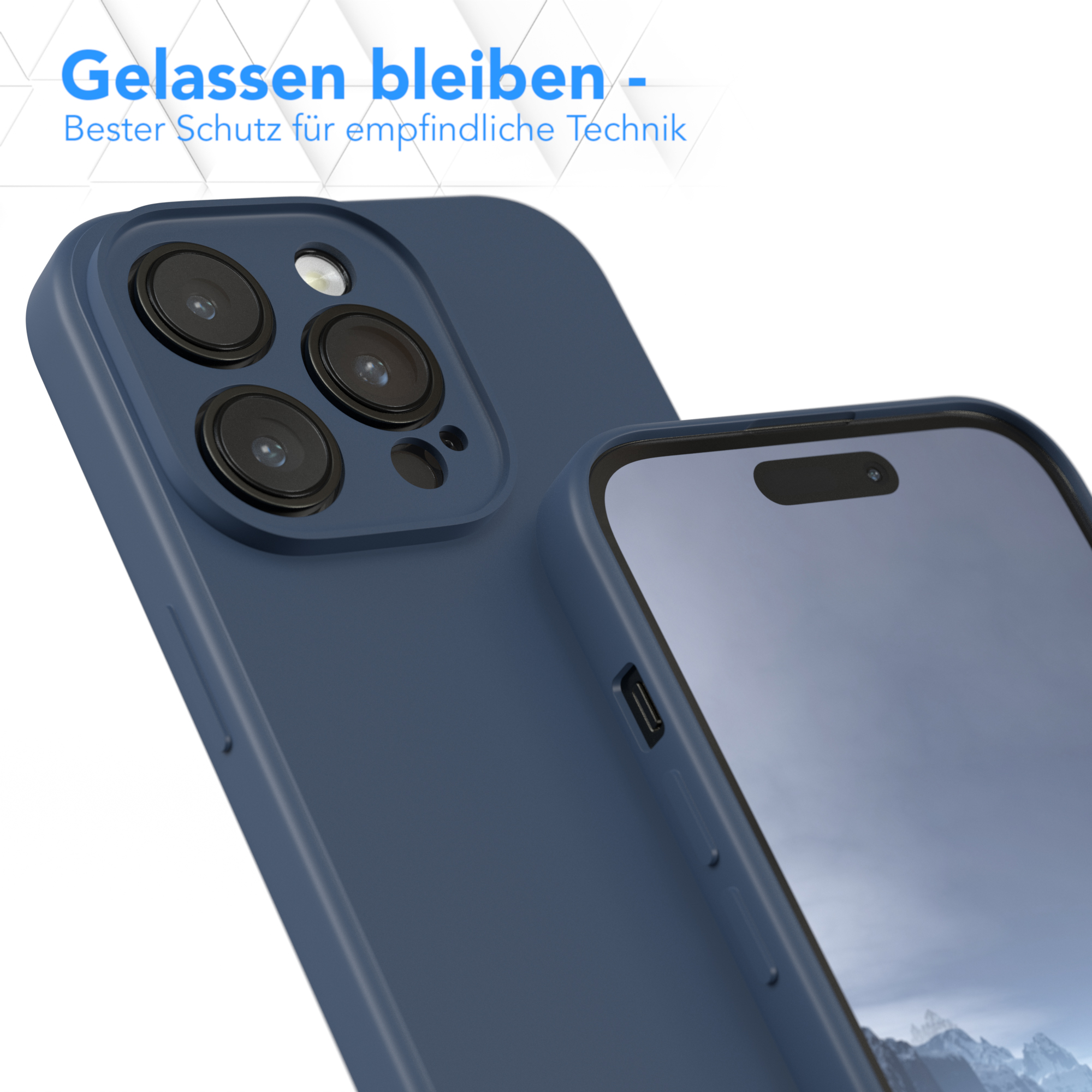 Eine dunkelblaue Handyhülle mit einem Bildschirm, der eine Berglandschaft zeigt. Text steht oben.