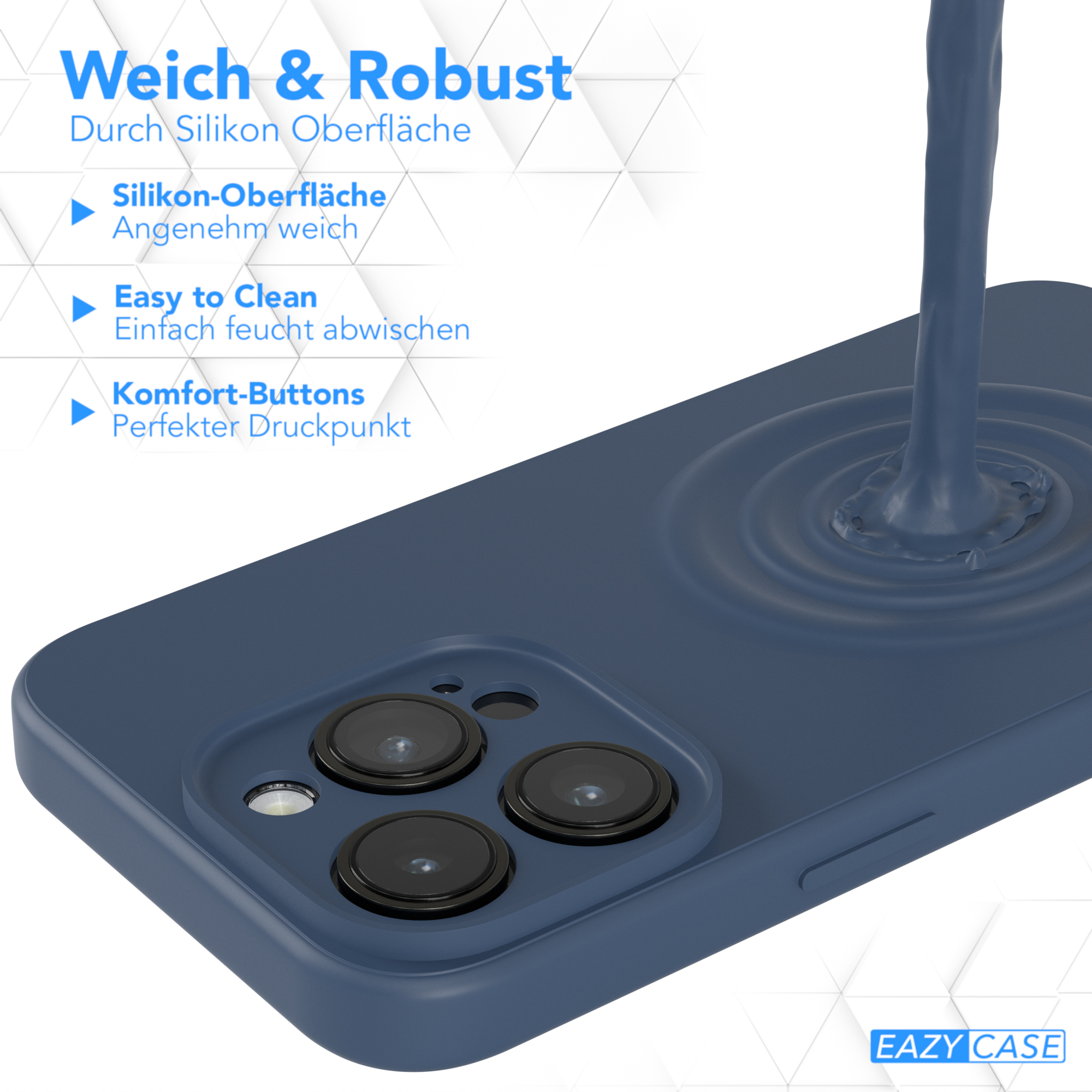 Eine blaue Handyhülle mit Flüssigkeit, die darauf gegossen wird. Text-Overlays beschreiben Funktionen, Eazy Case-Logo unten.